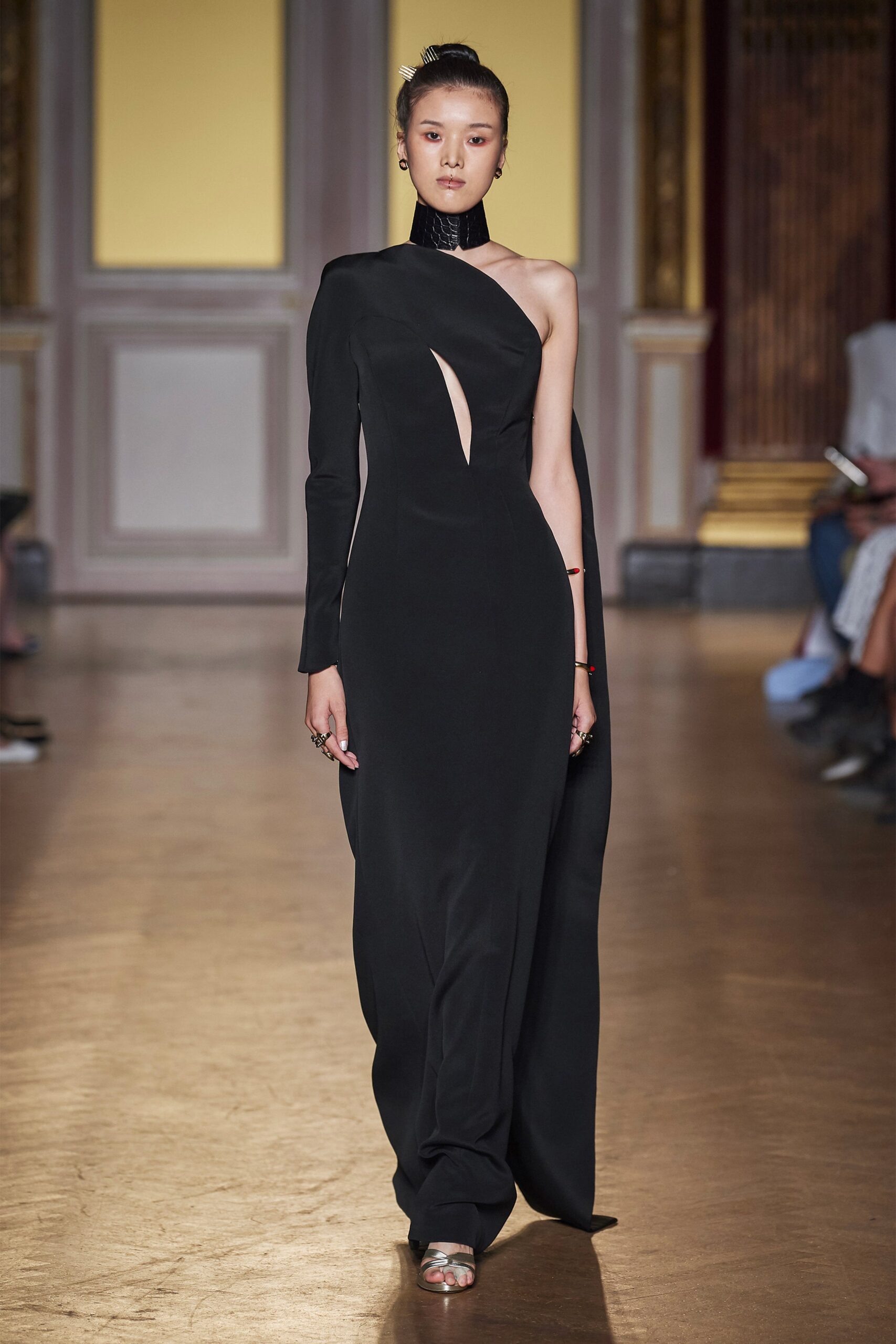 black silk fitted gown
