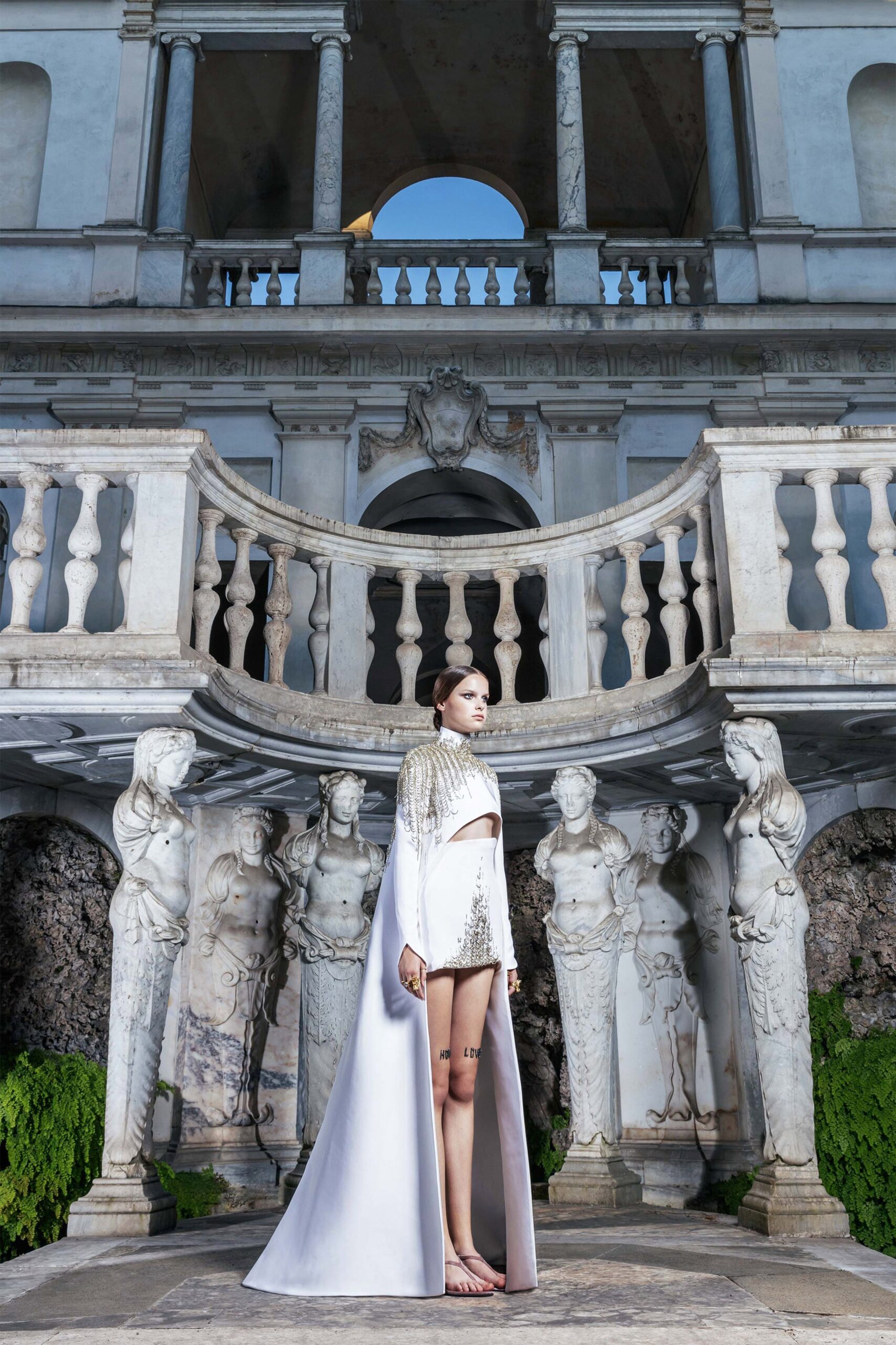 white silk cape and shorts