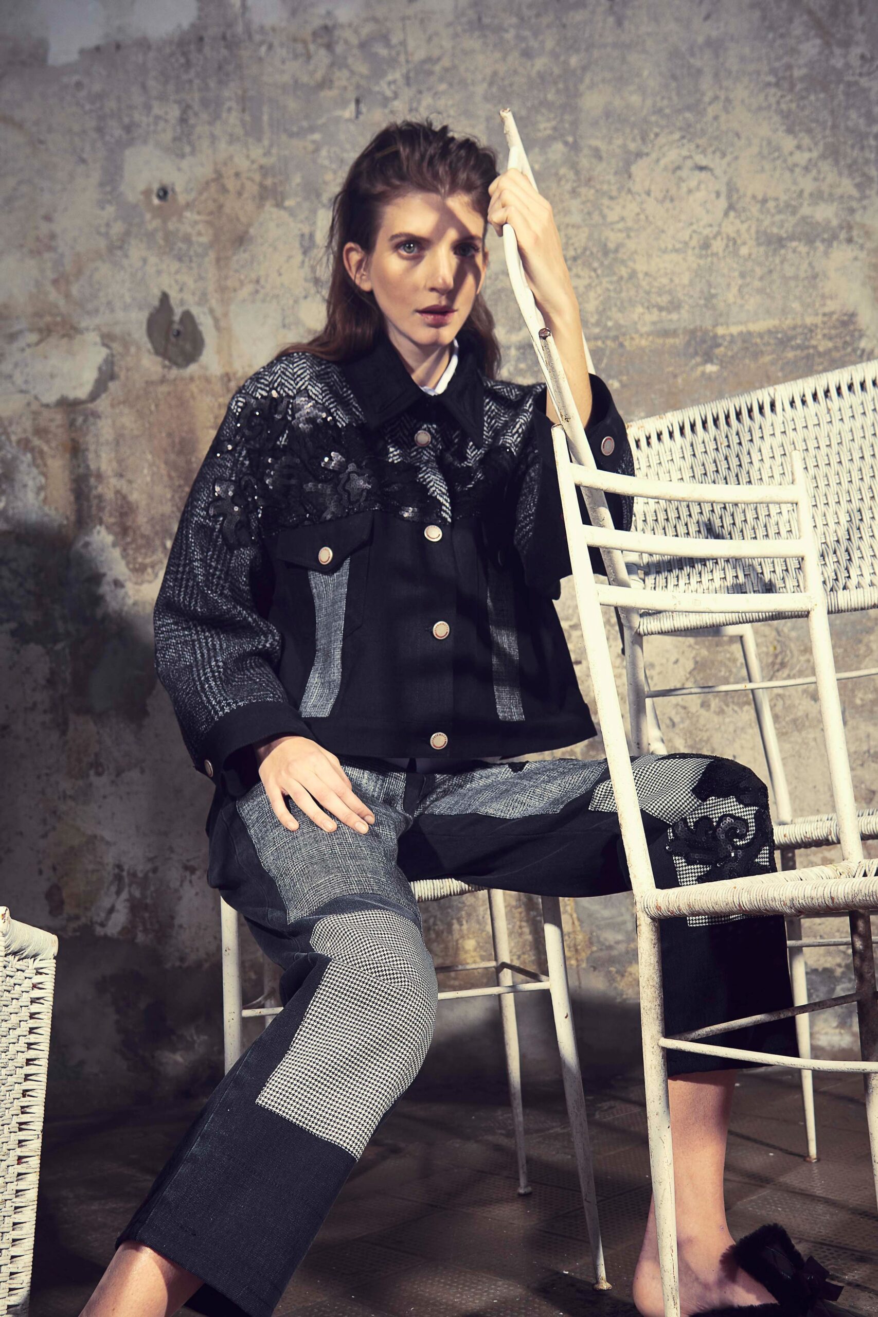black and gray patchwork jacket and pants