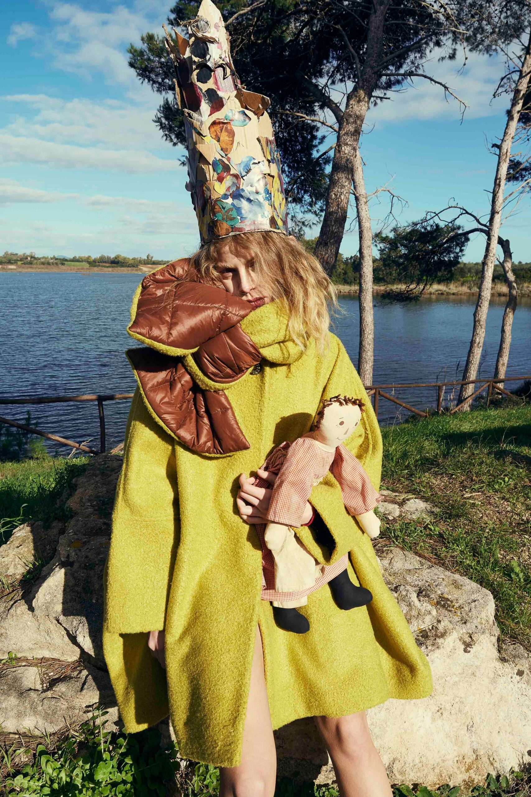 oversized green wool coat with brown scarf