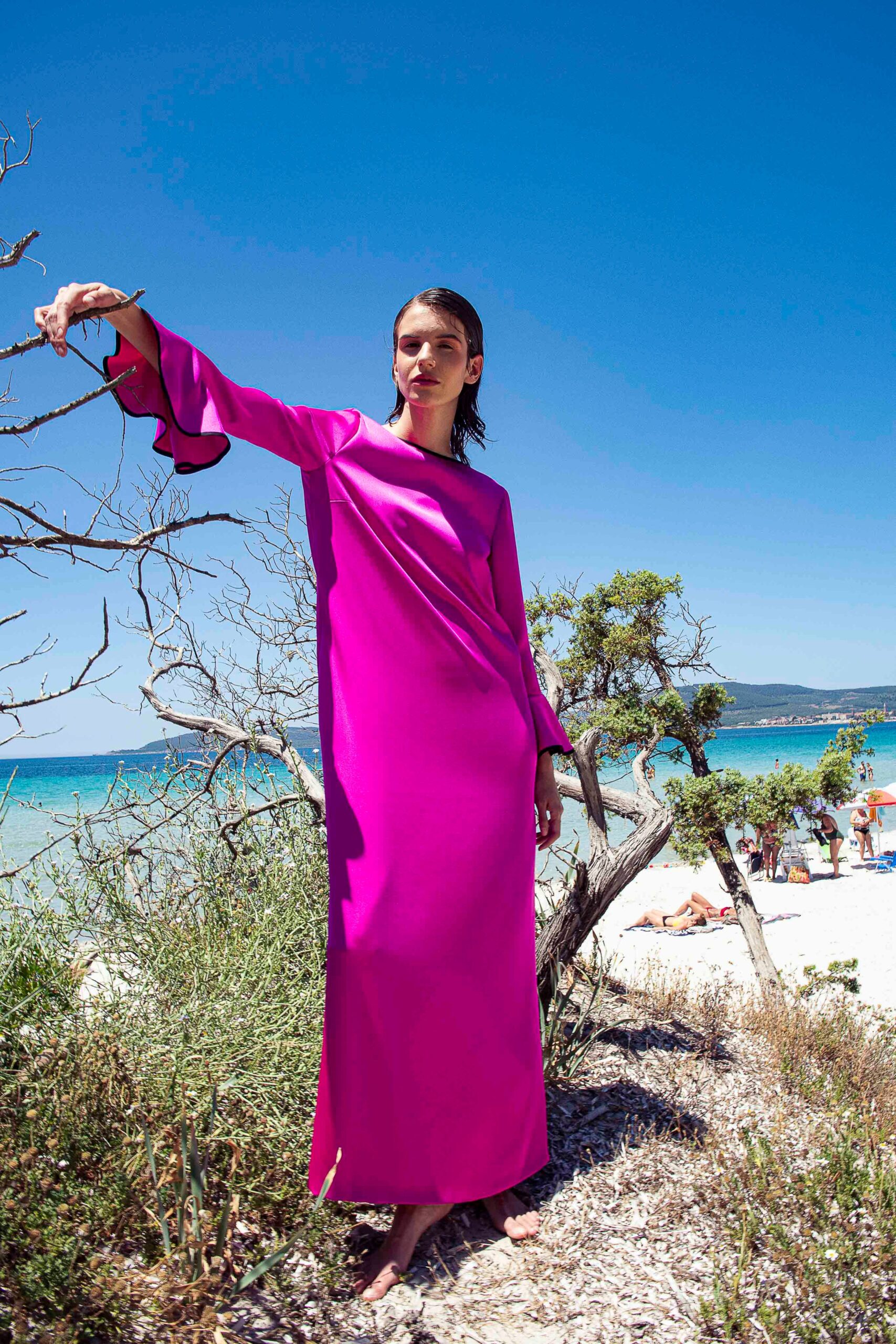 fitted pink silk maxi dress