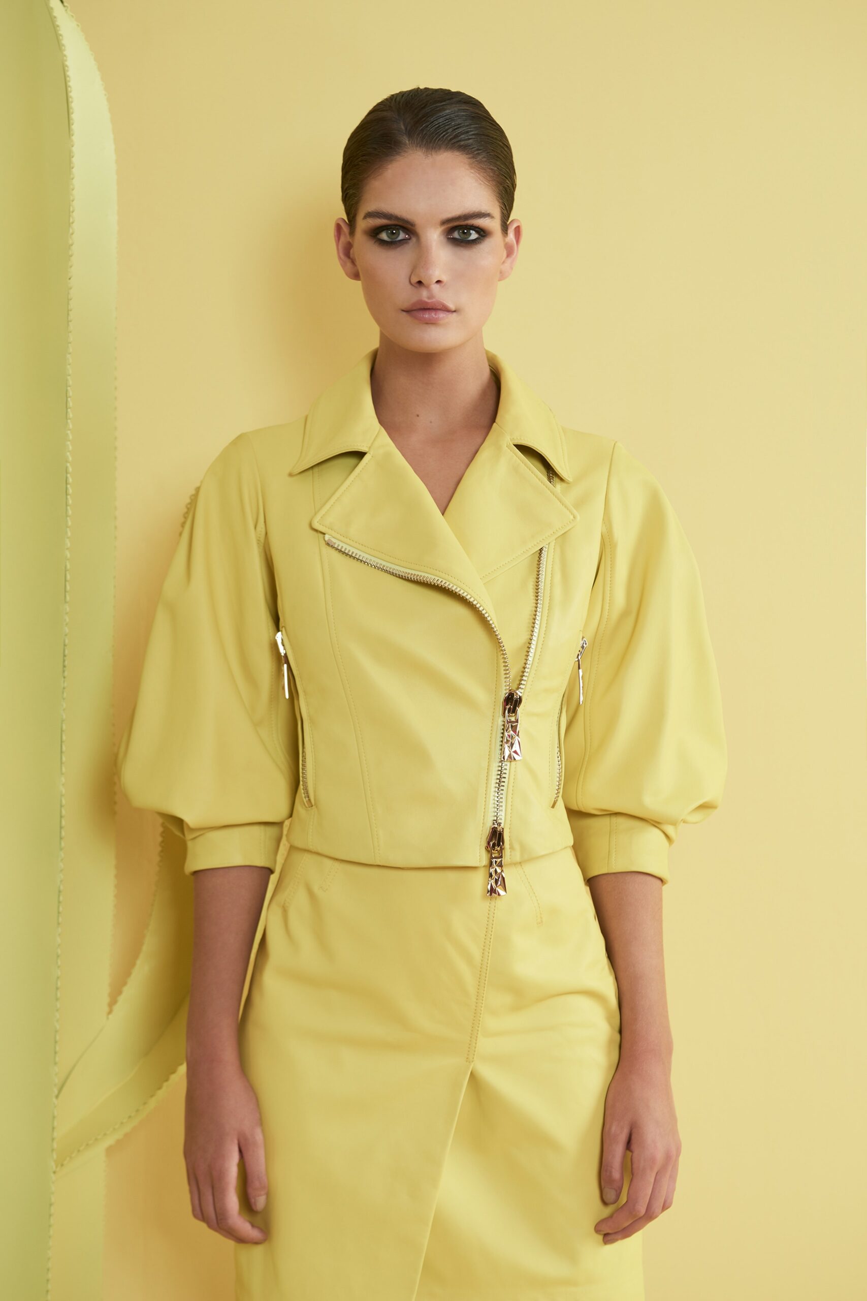 yellow leather fitted jacket and dress