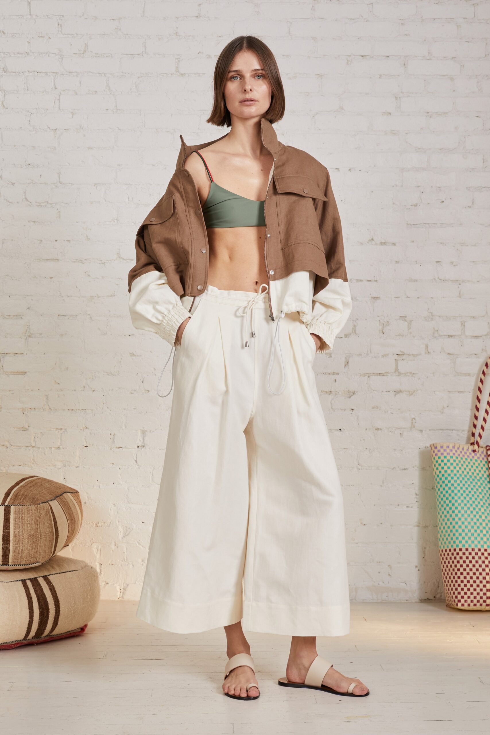 brown and white relaxed jacket with bikini