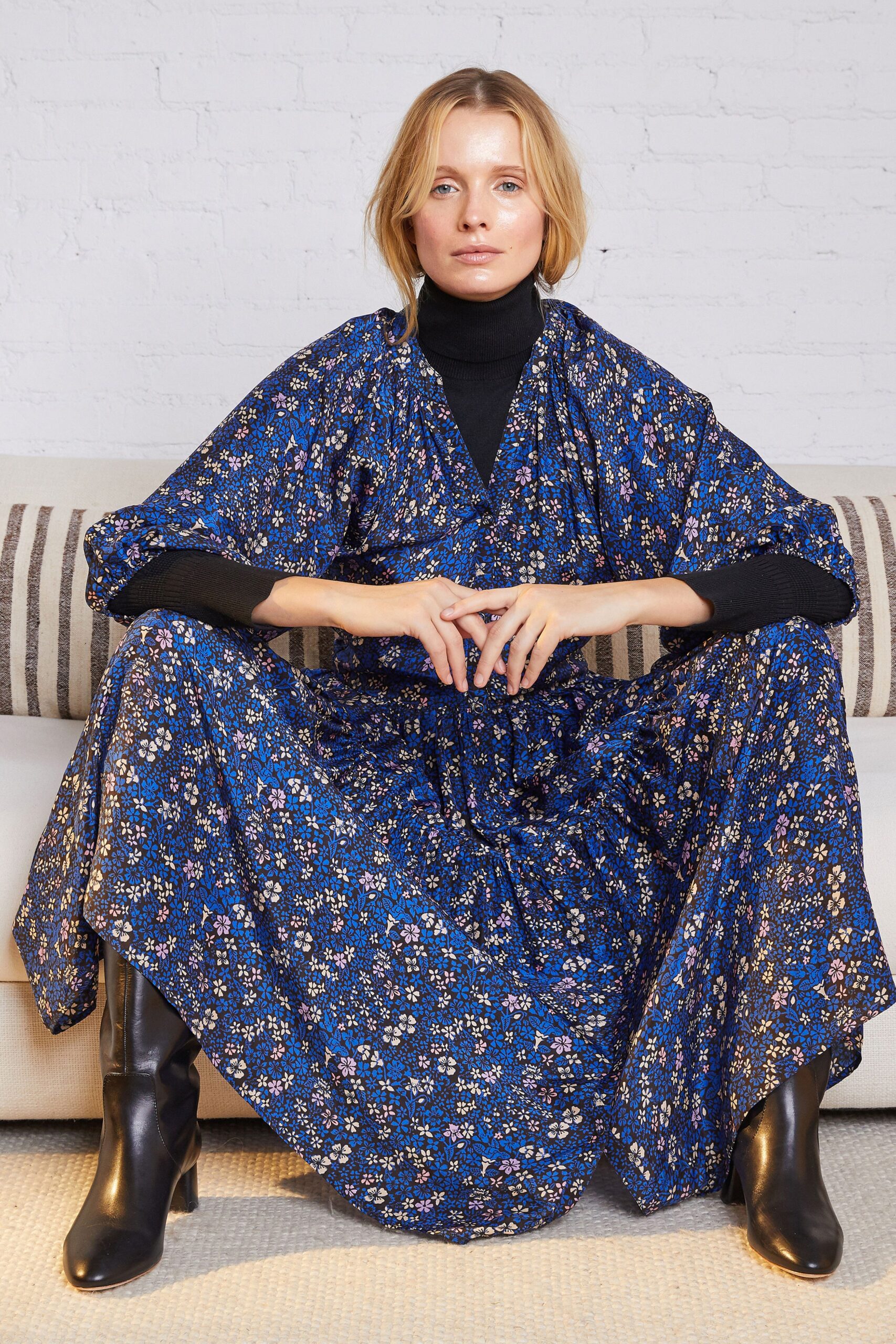blue floral maxi dress with black turtleneck