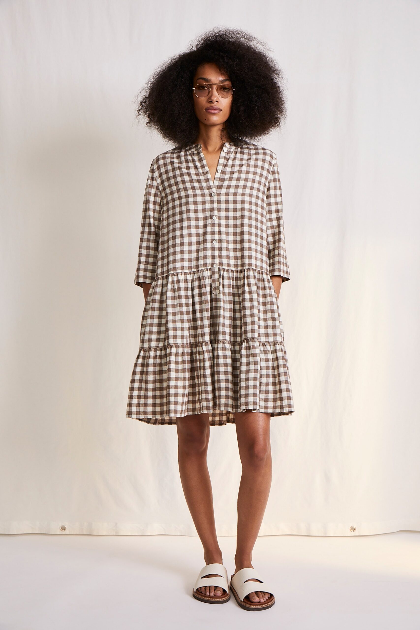 brown and beige checked mini dress