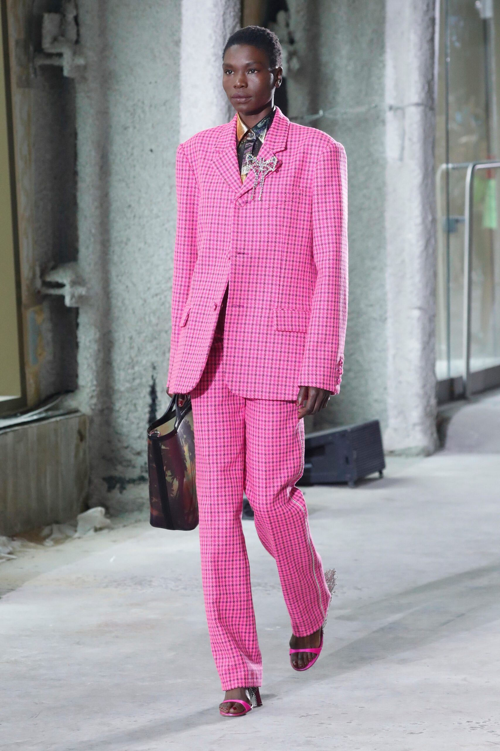 oversized pink checked suit