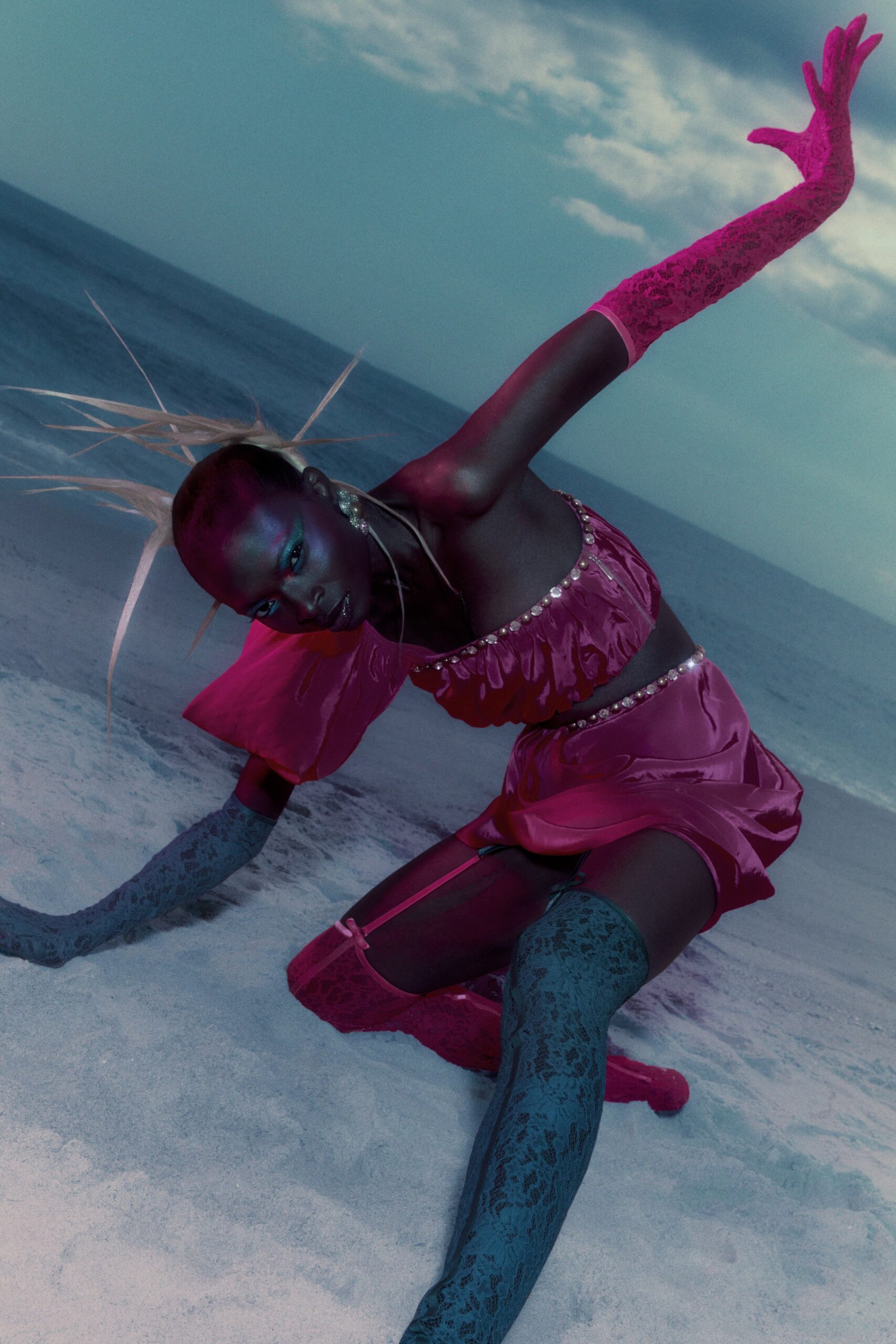 pink silk ruffled top and mini skirt