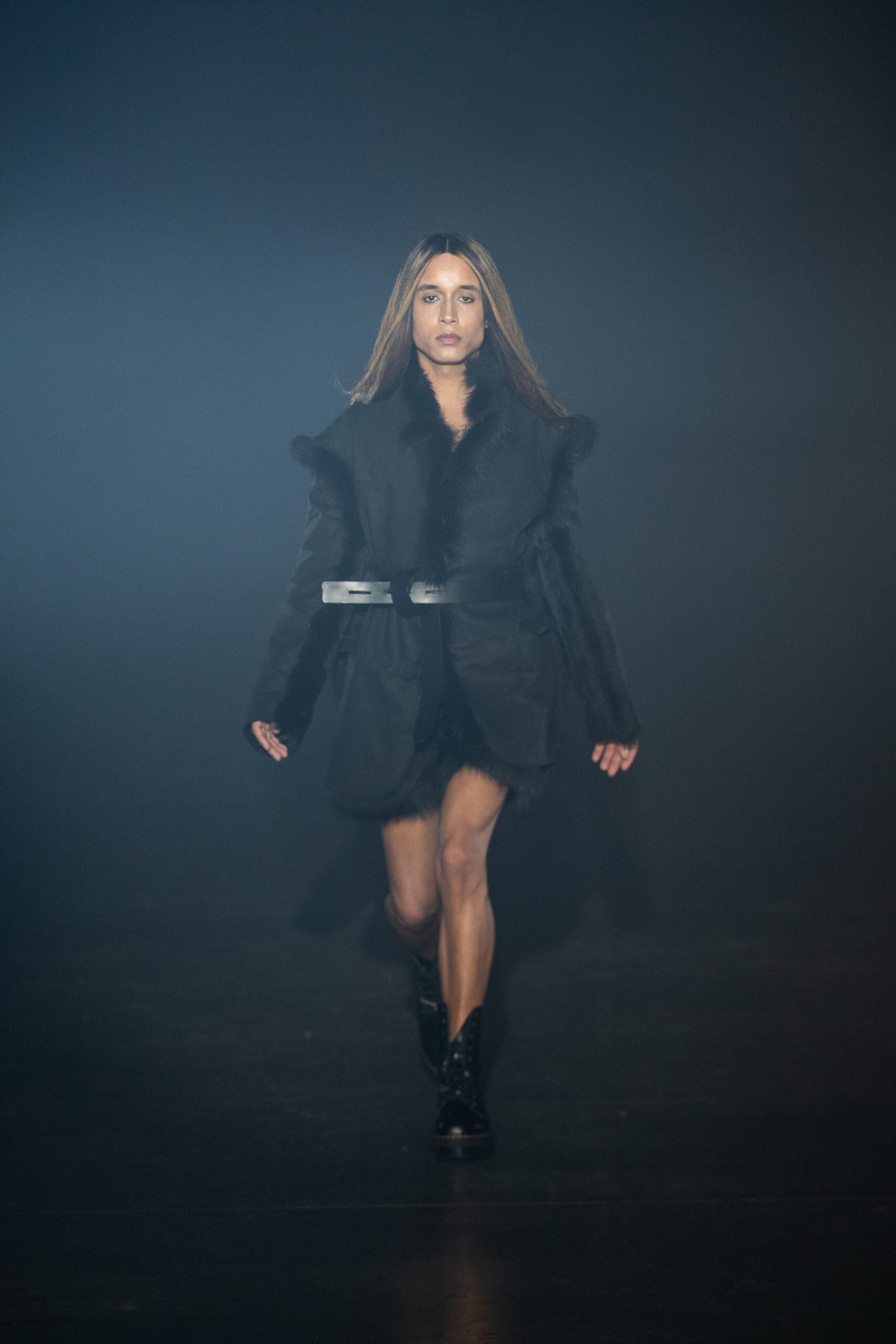 black faux-fur belted coat