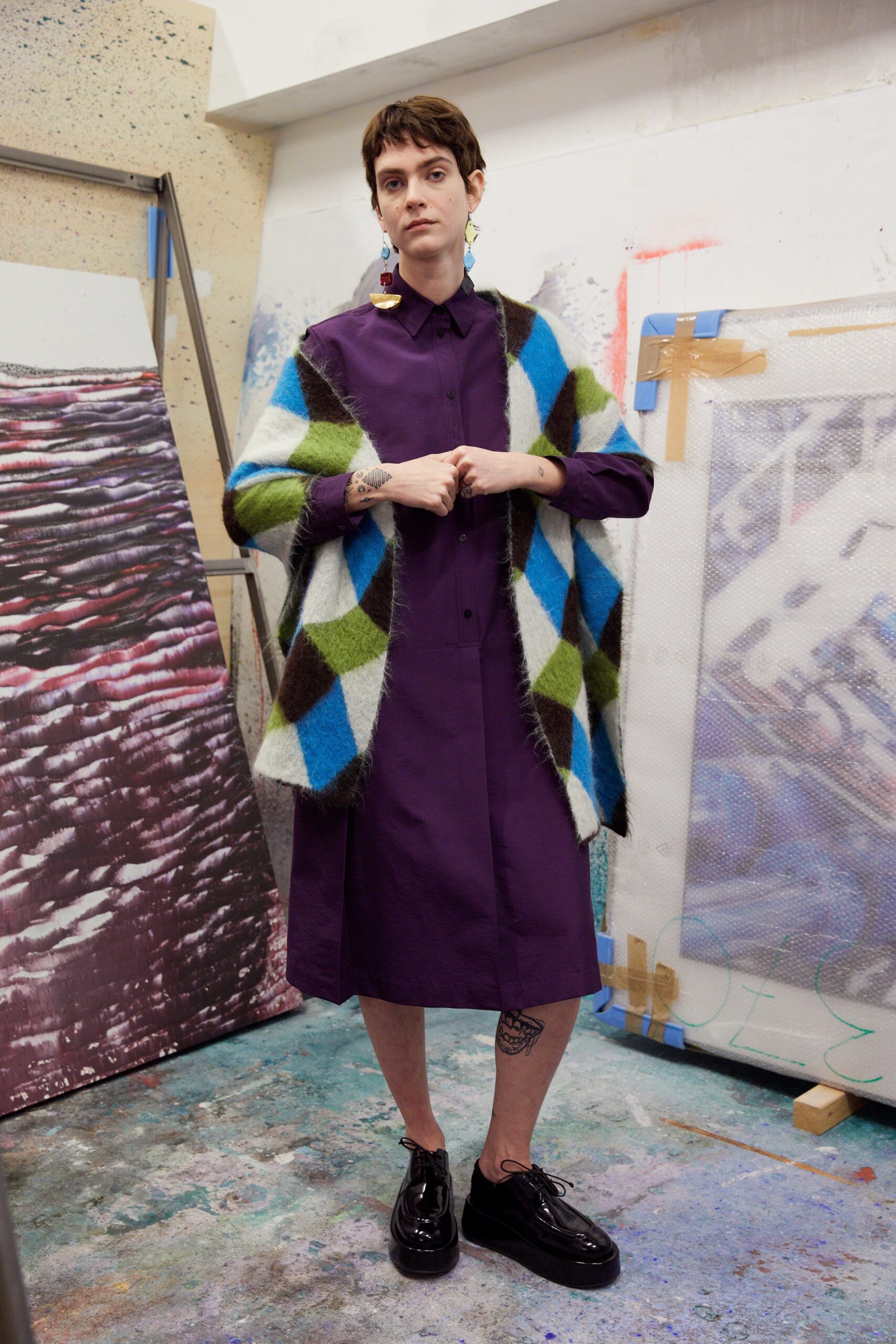 purple relaxed midi dress with oversized coat