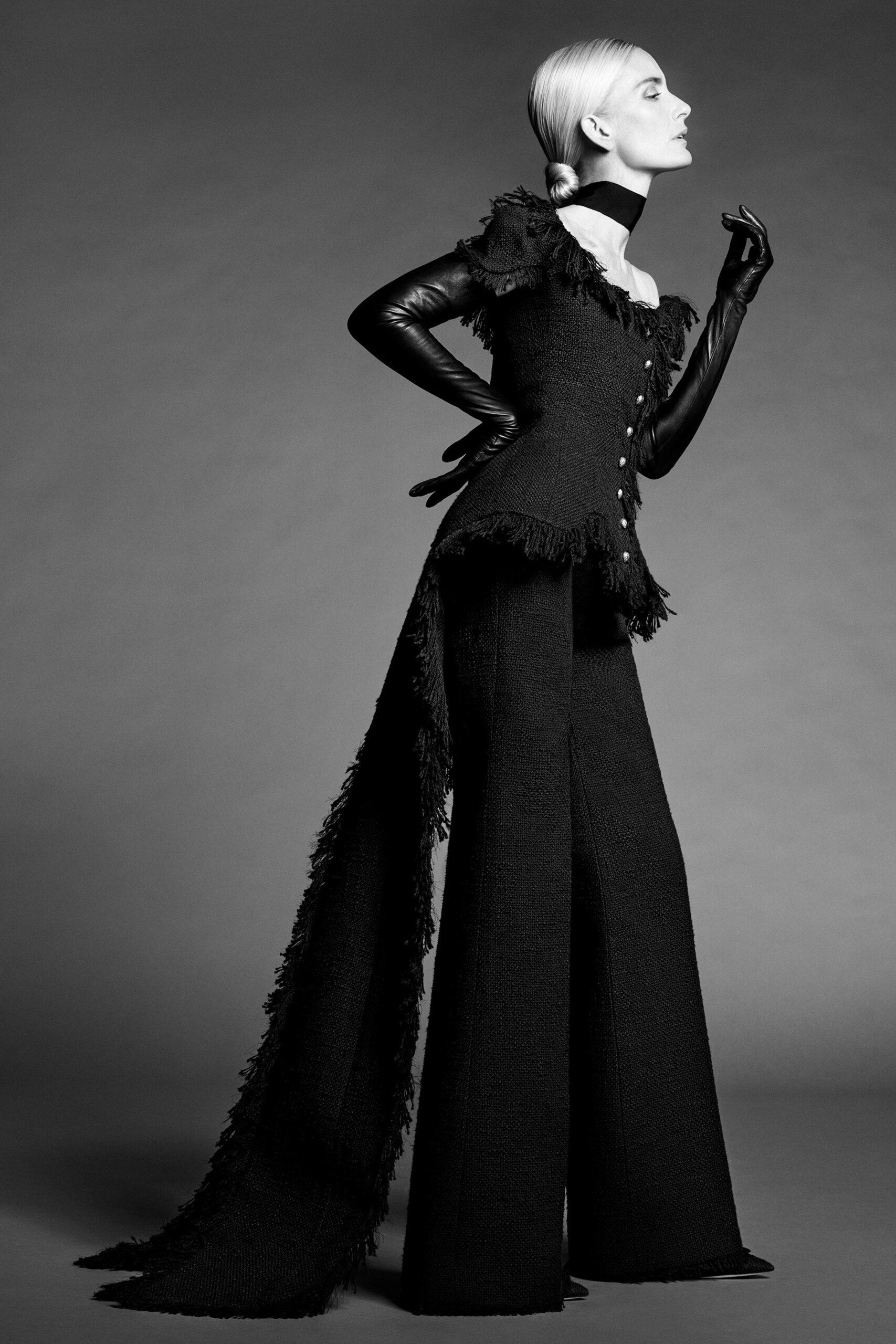 black fitted top and wide-leg pants