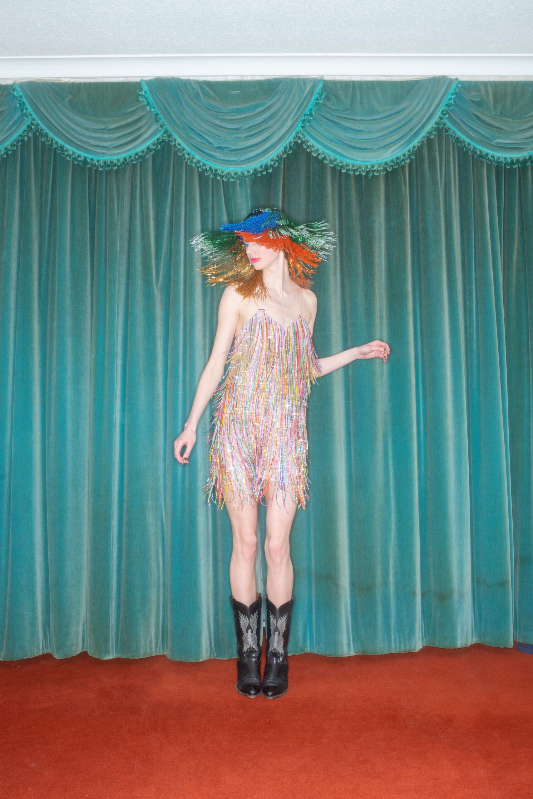 multi silk sleeveless v-neck fitted fringed shiny dress