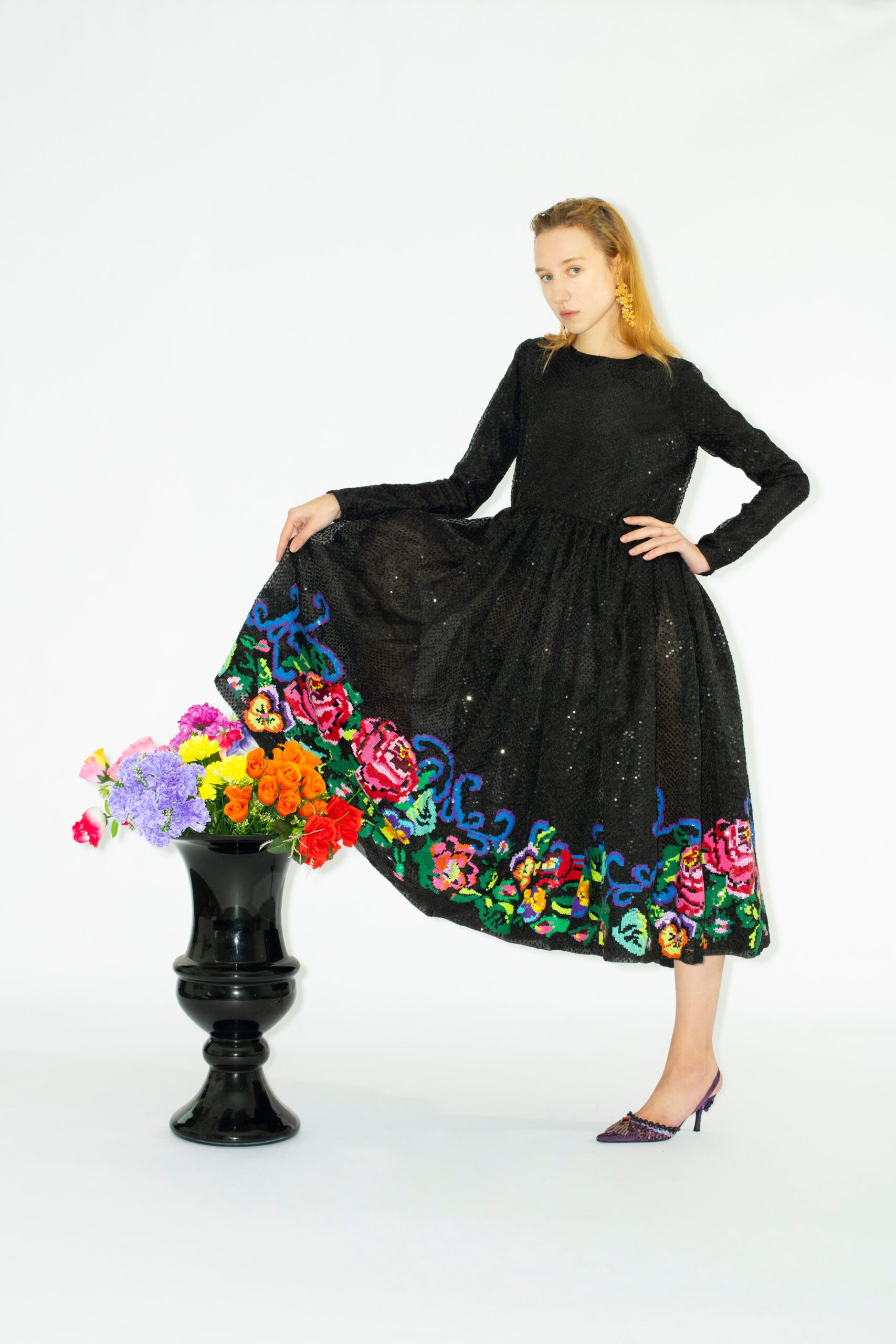 black silk embroidered midi dress