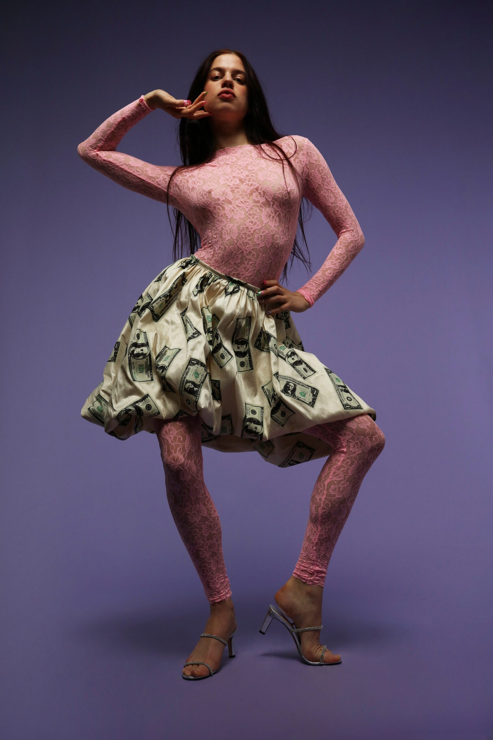 pink lace bodysuit and printed skirt