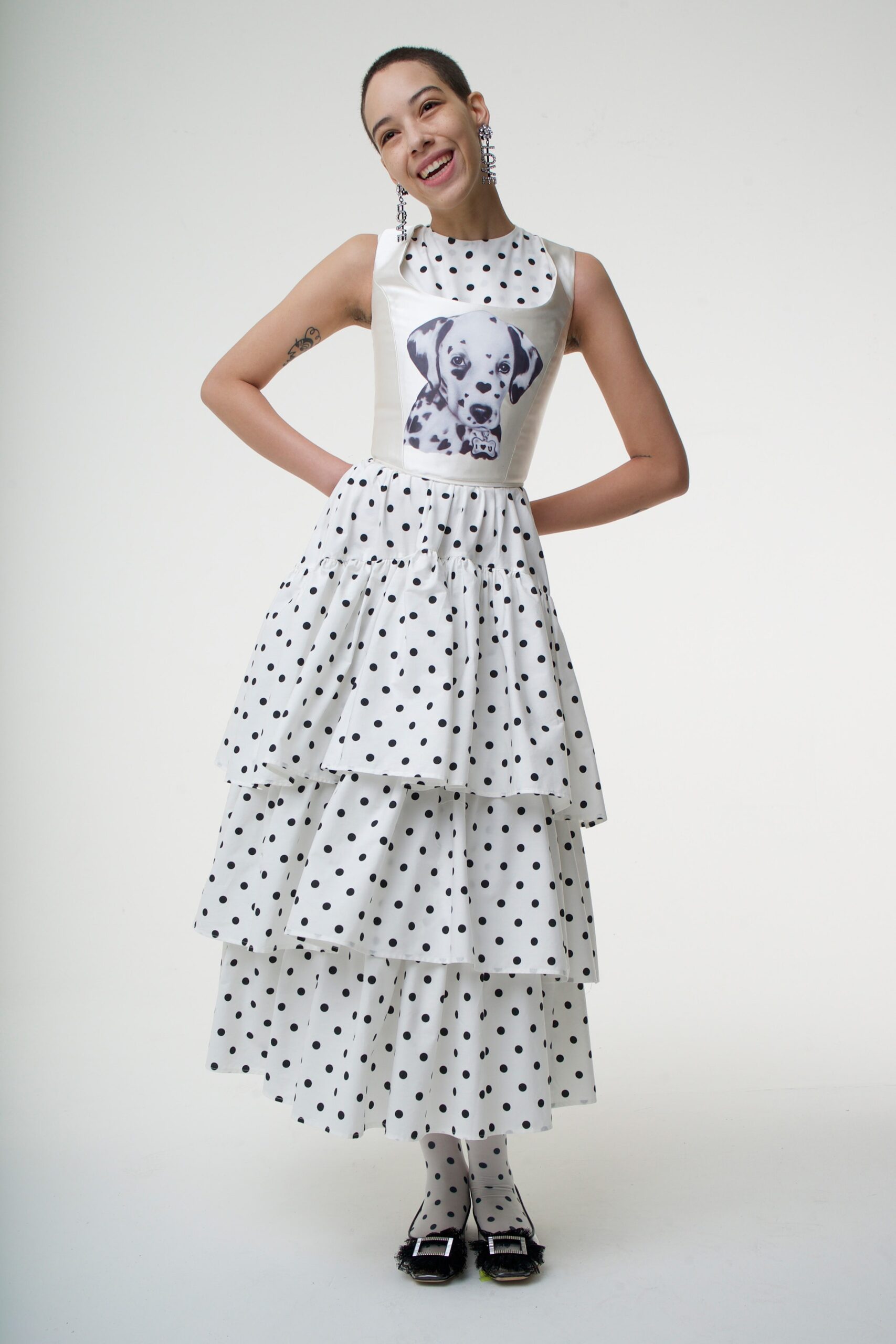 white and black polka-dot tiered dress