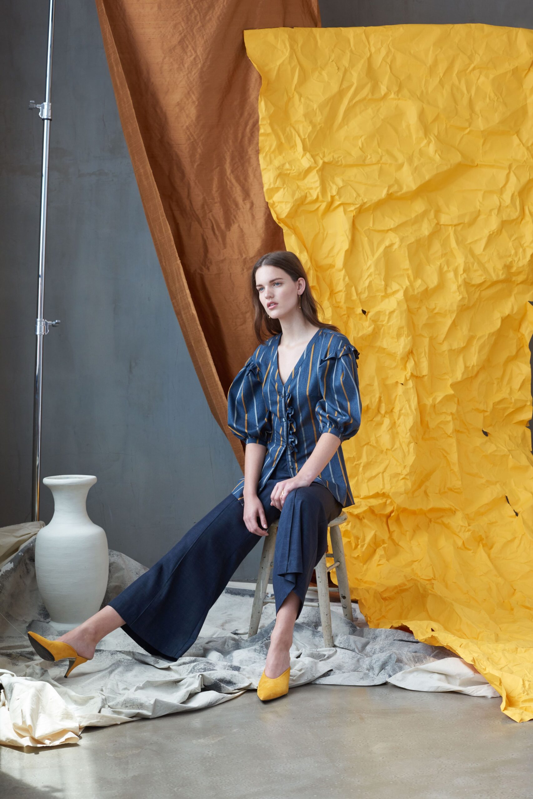 blue striped relaxed top with wide-leg pants