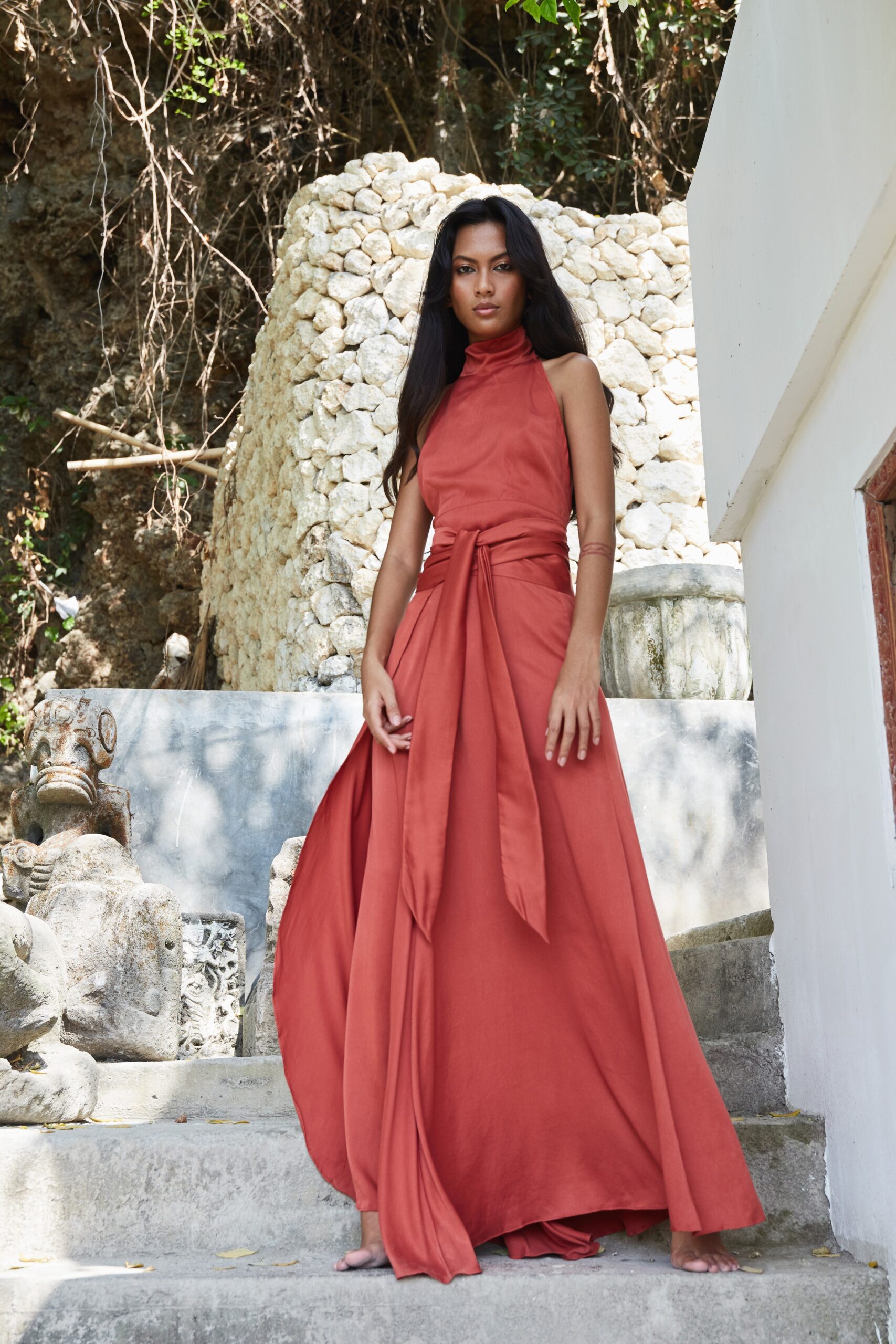 red silk sleeveless dress