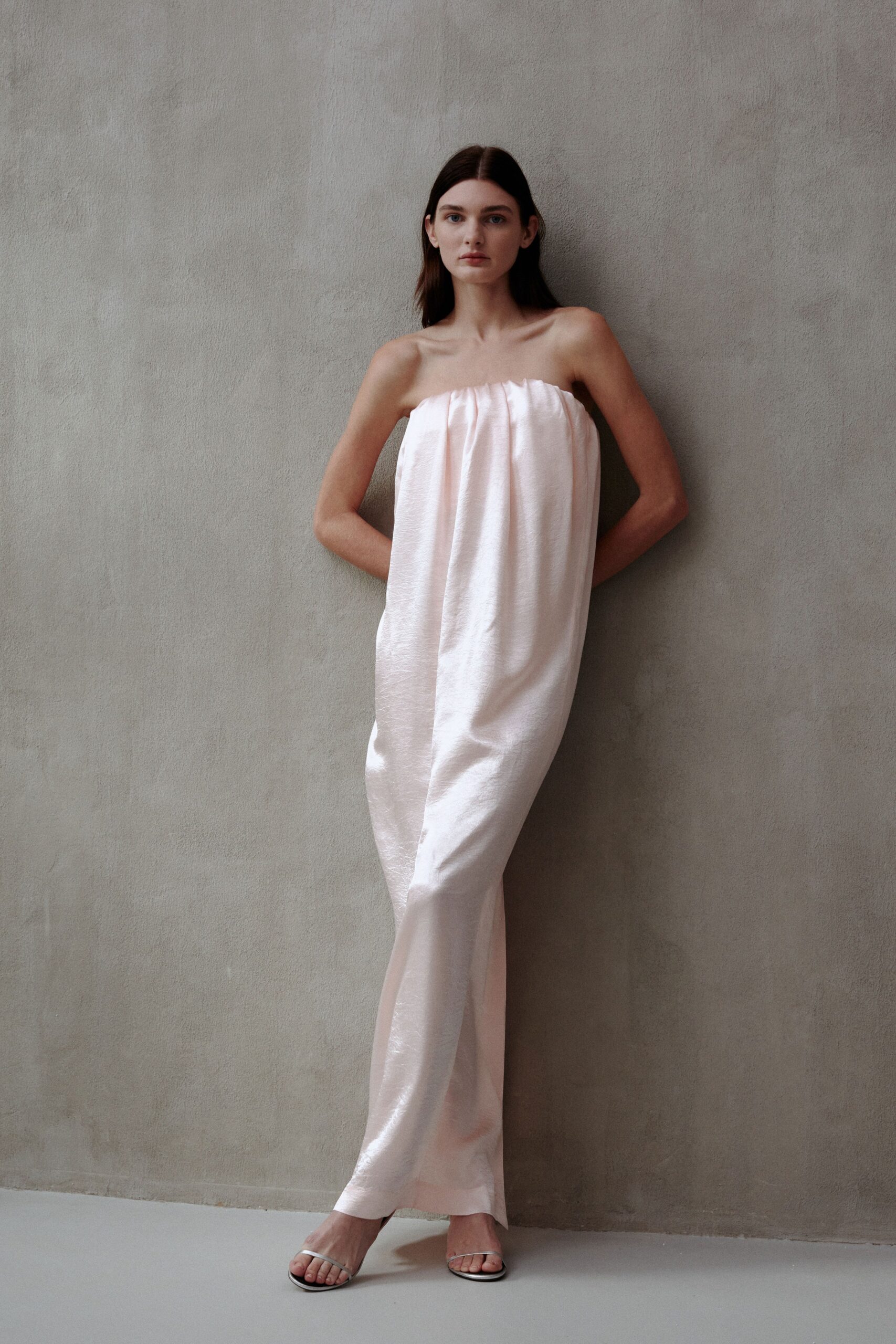 pink silk strapless gown