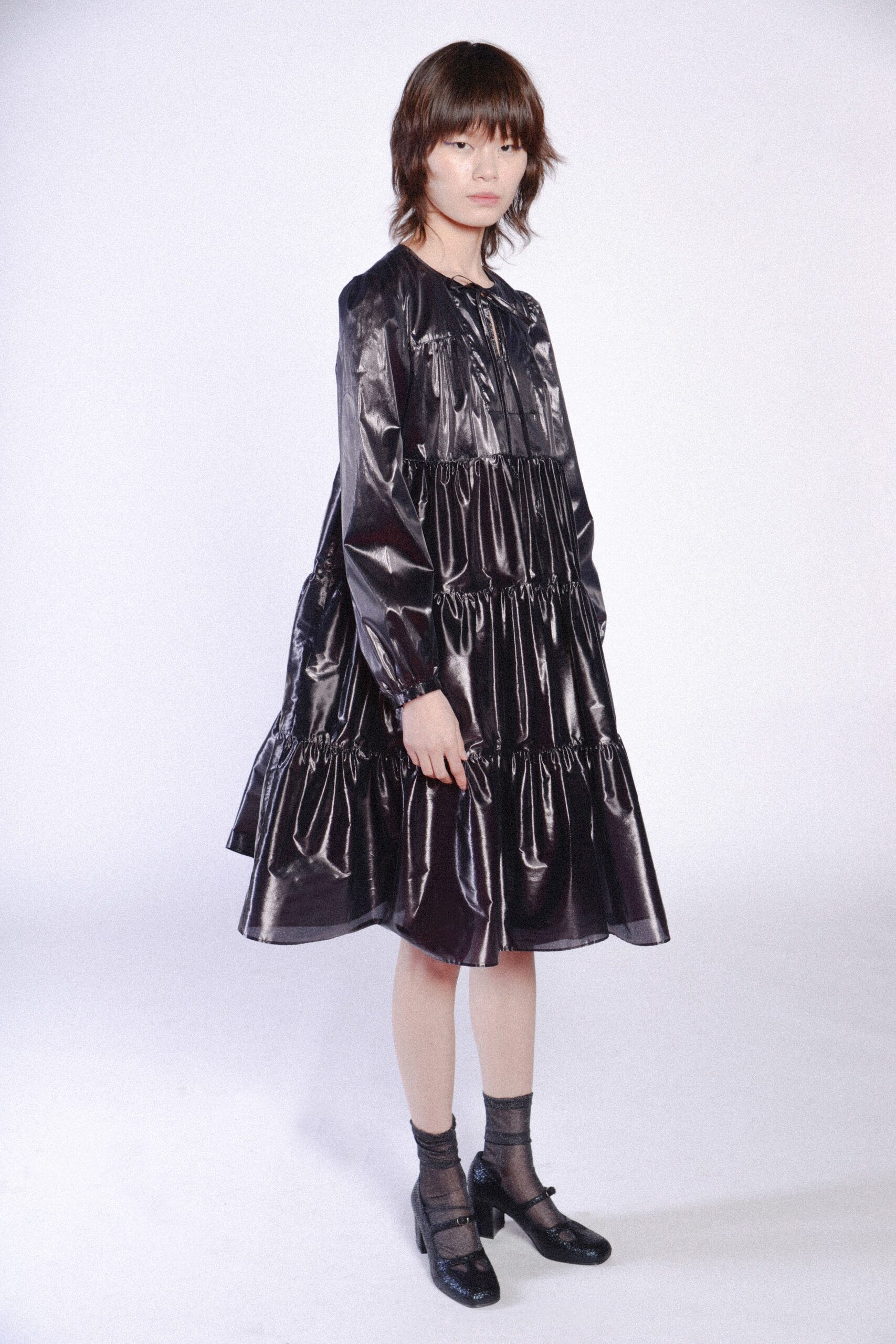 black vinyl relaxed tiered dress