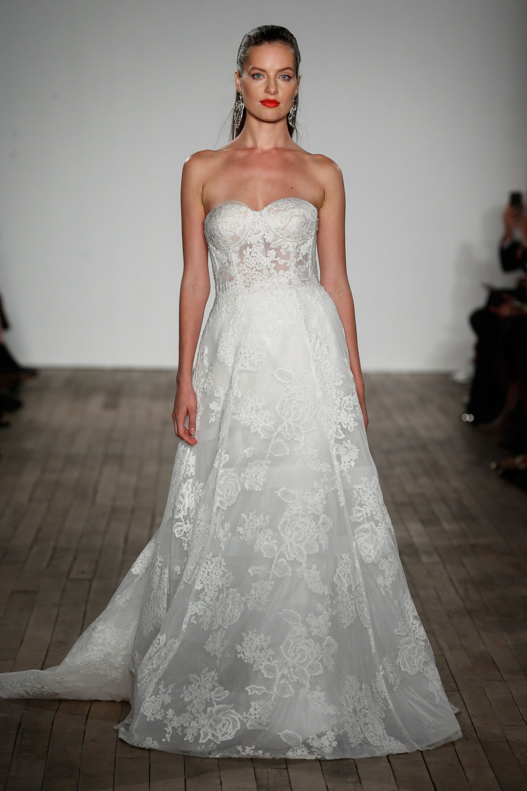 white lace strapless gown