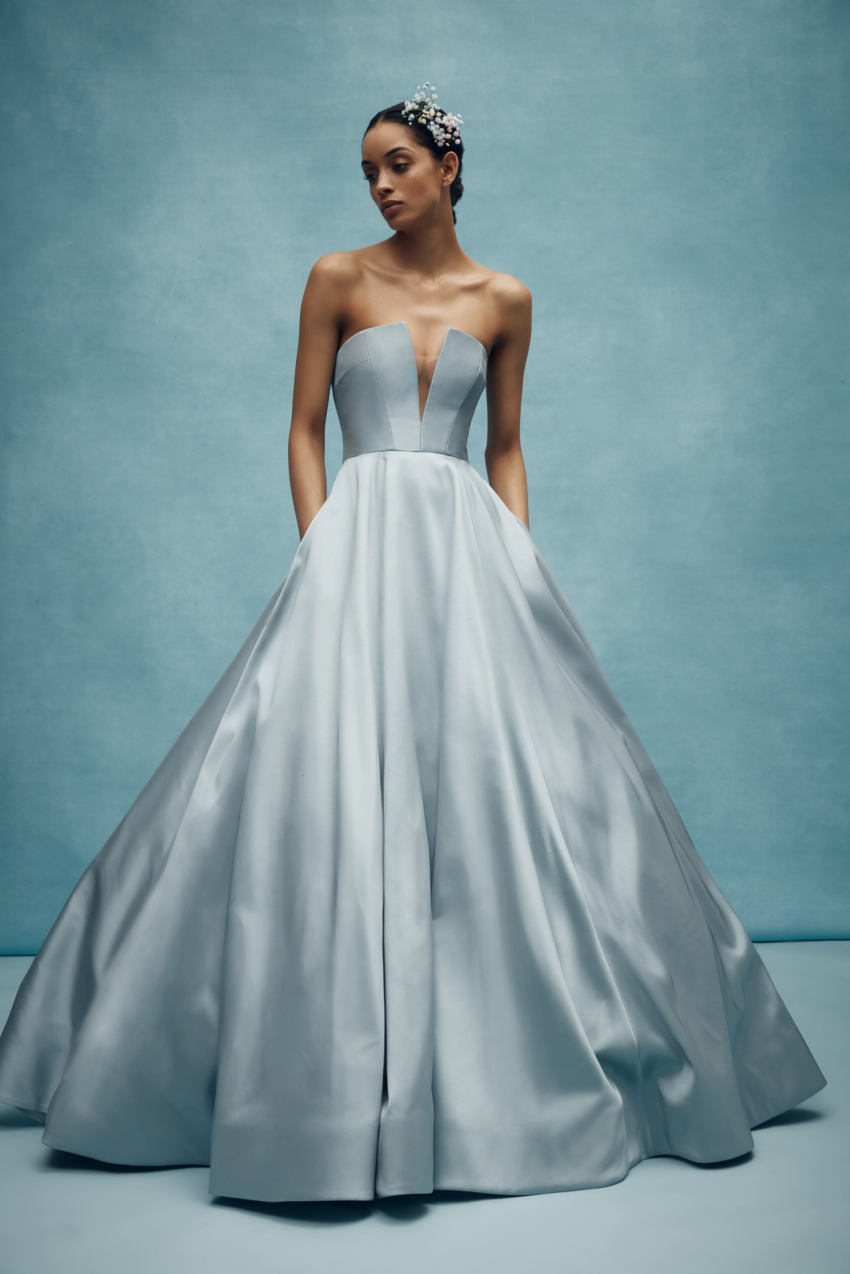 blue silk strapless gown