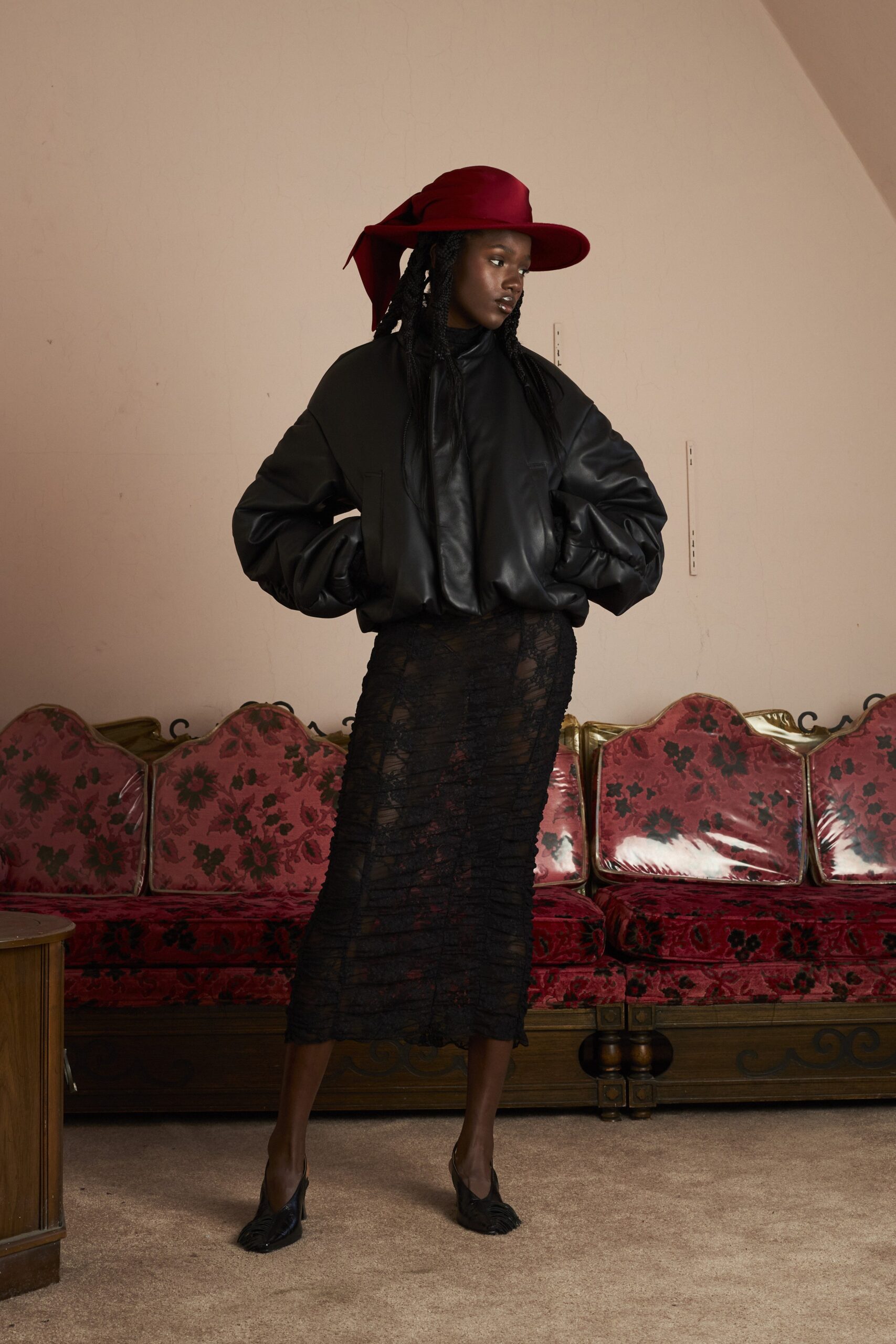 black leather oversized jacket and lace skirt