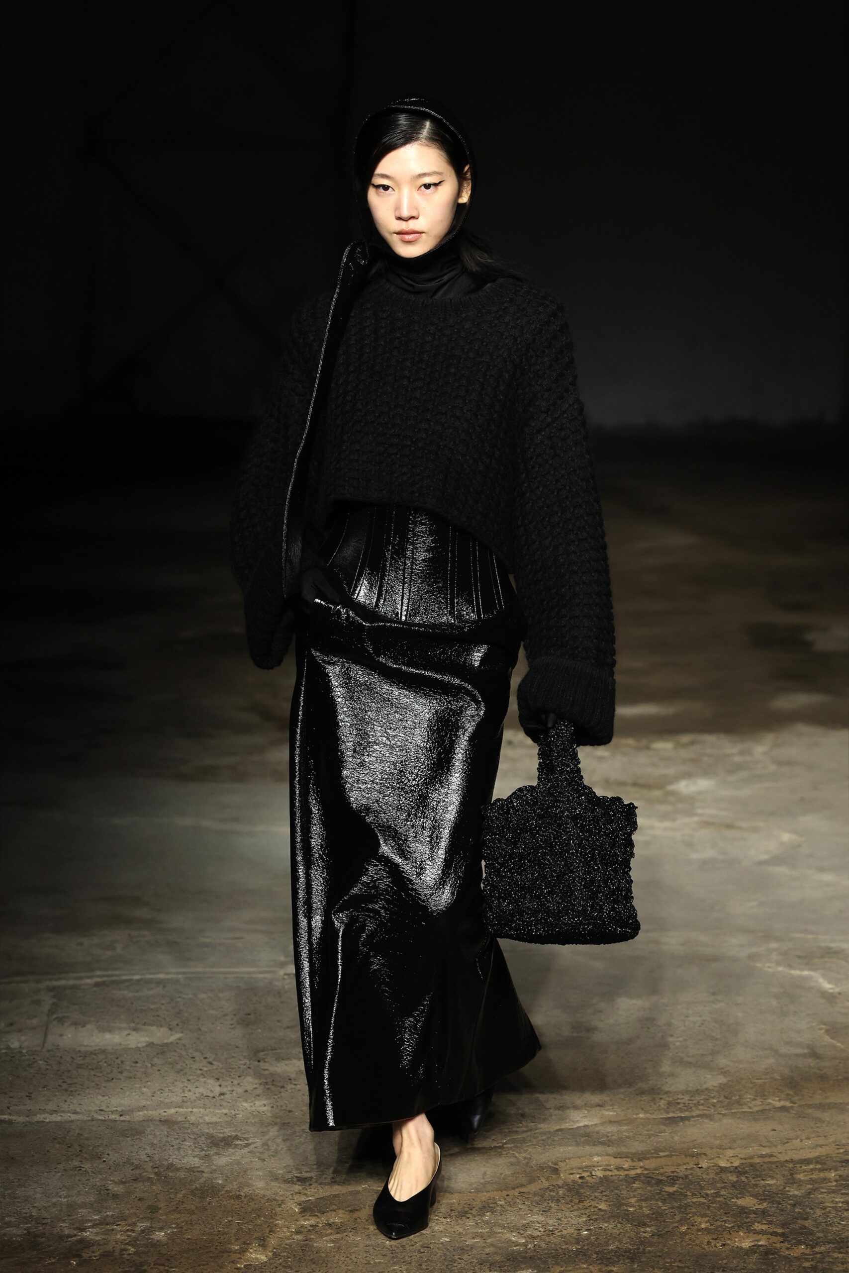 black wool long-sleeve high-neck oversized textured cropped sweater