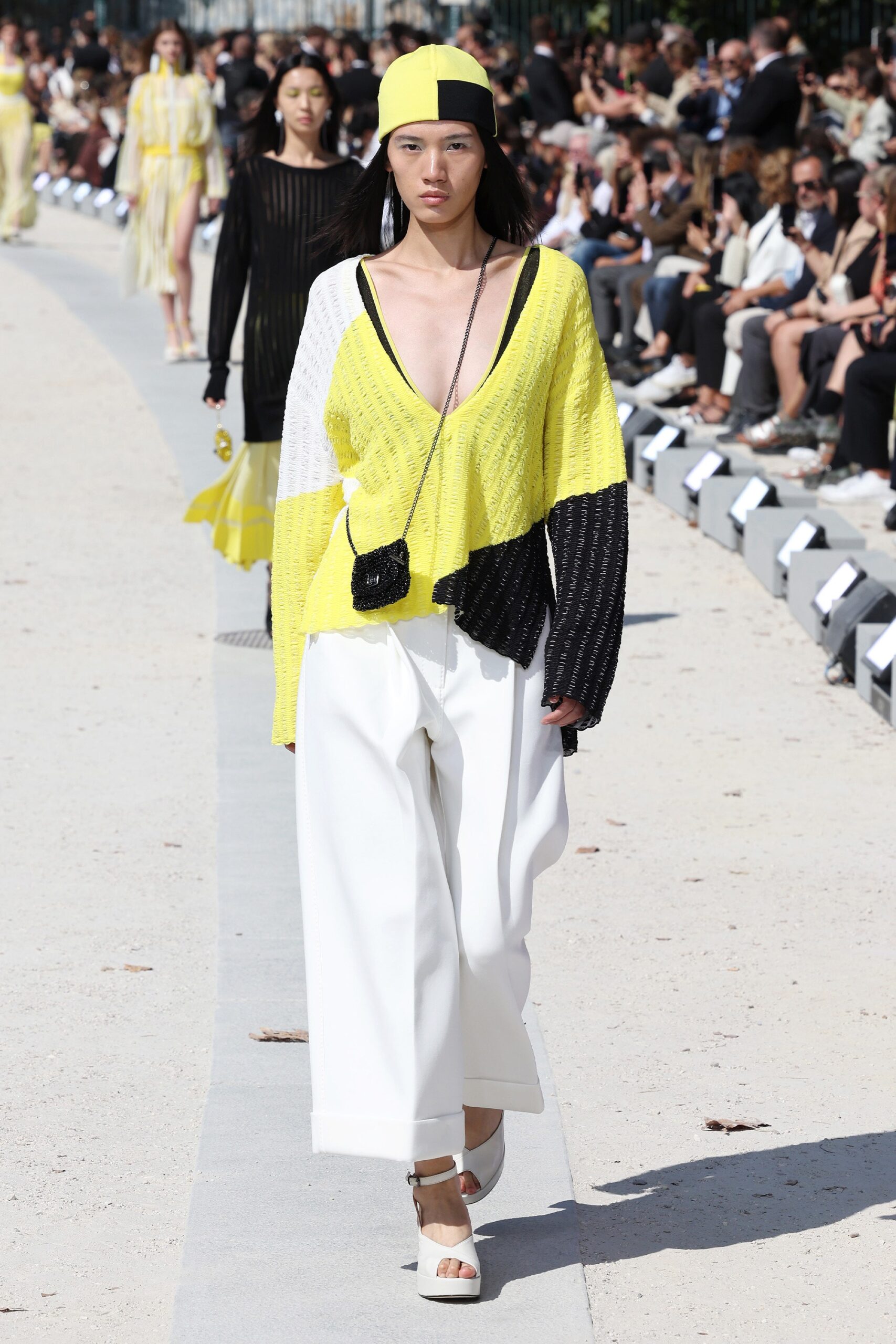 color-blocked yellow top with wide-leg pants