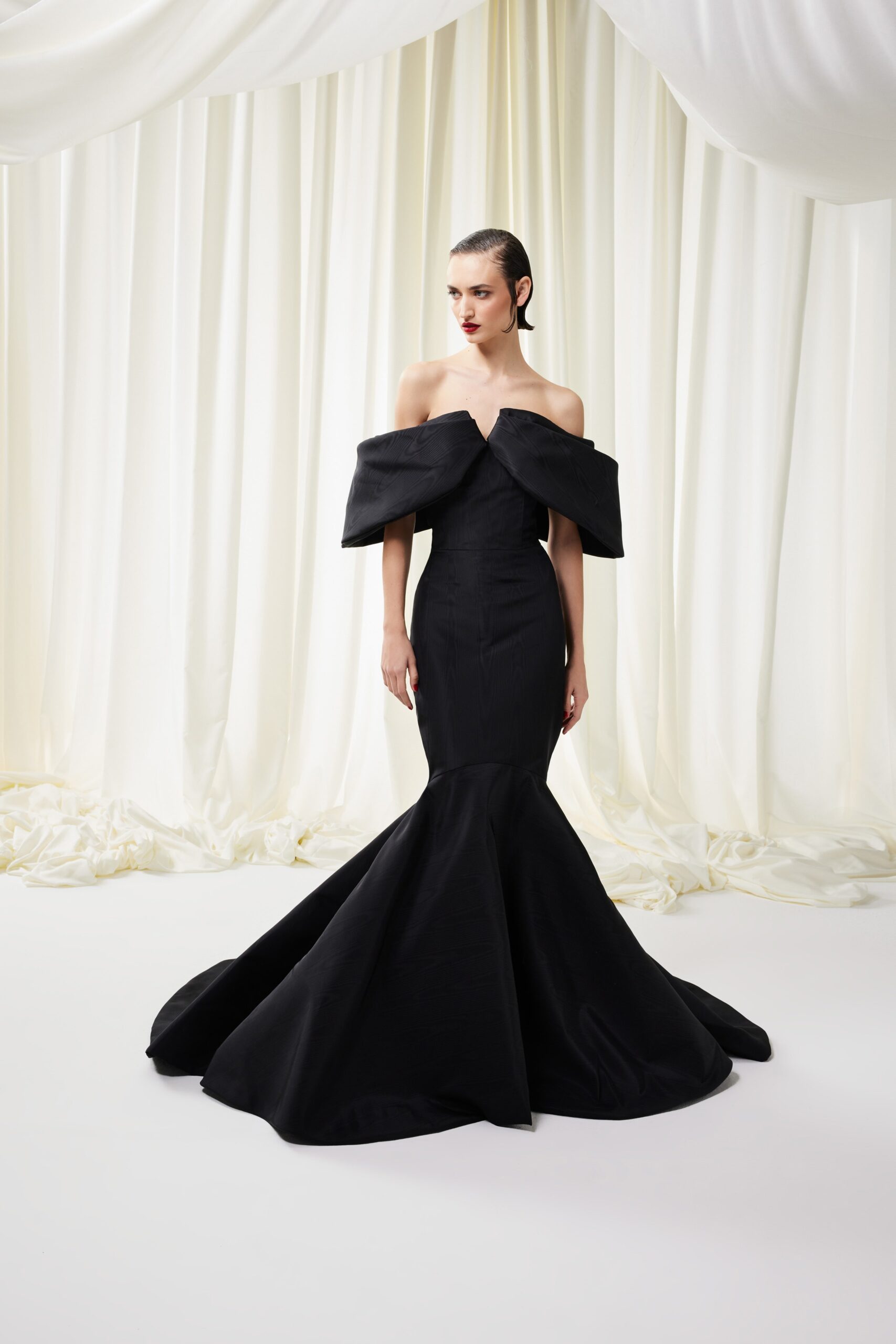 black silk off-shoulder gown