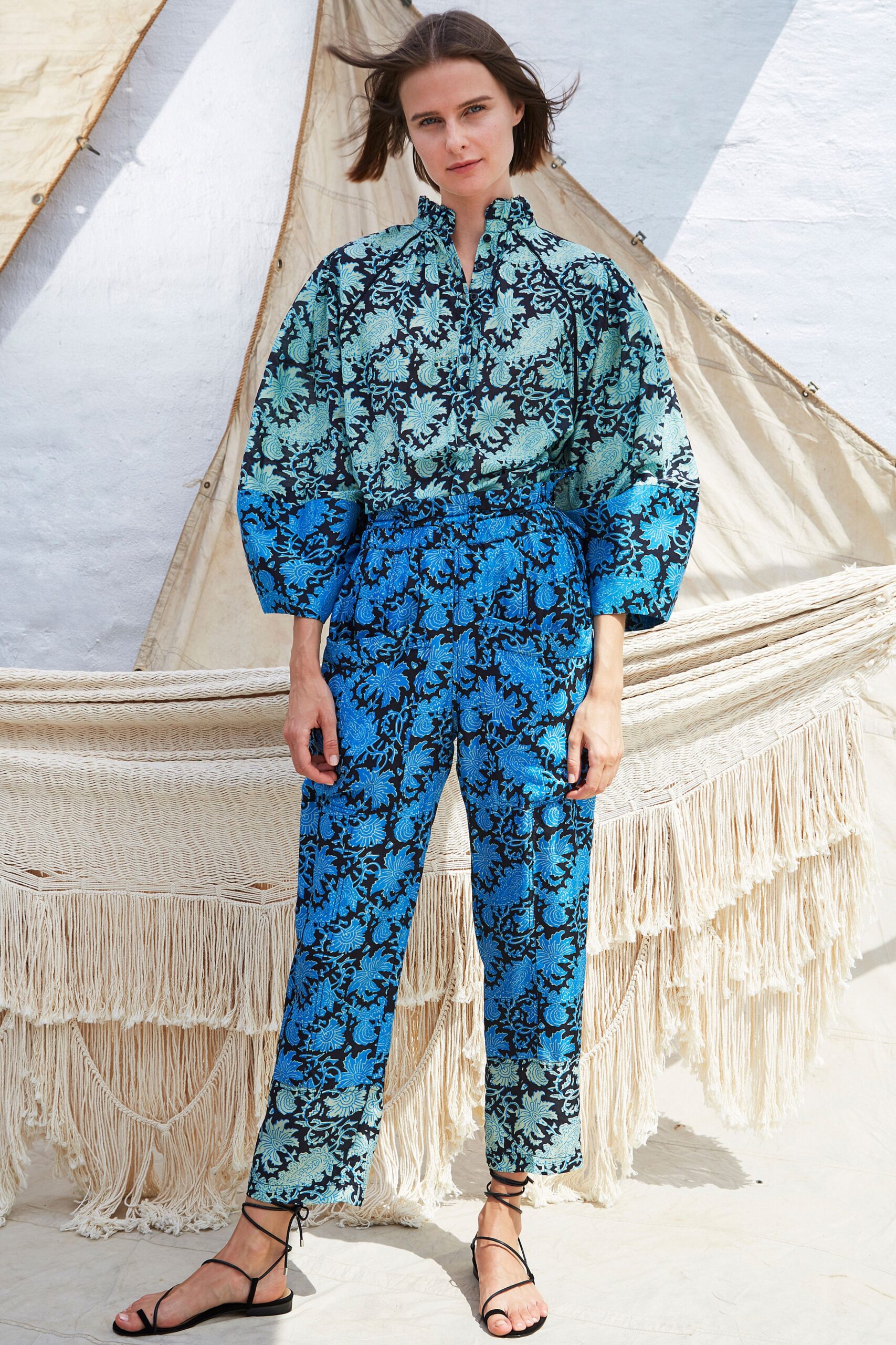 printed blue and green shirt and pants