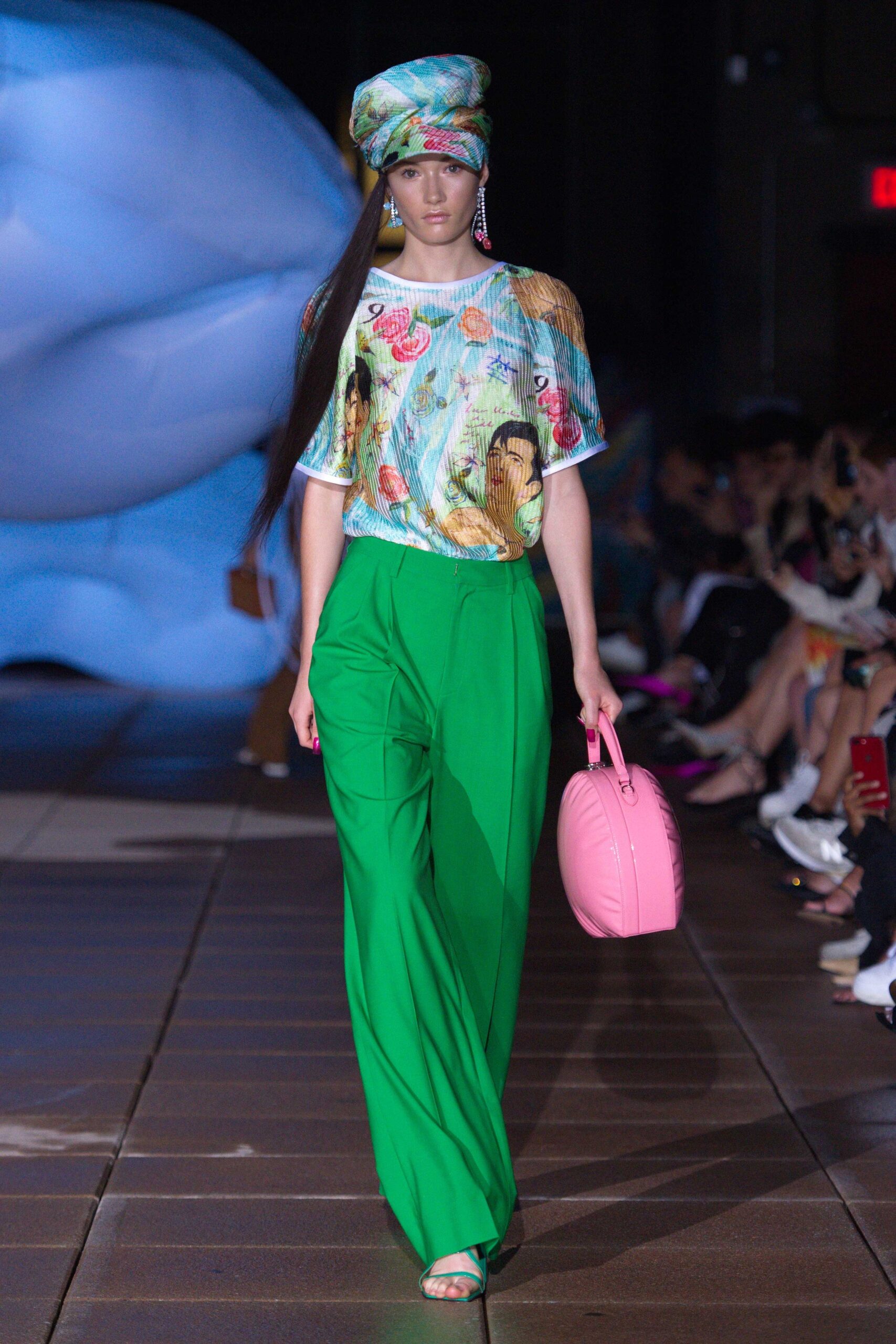 multi-colored relaxed top with green pants