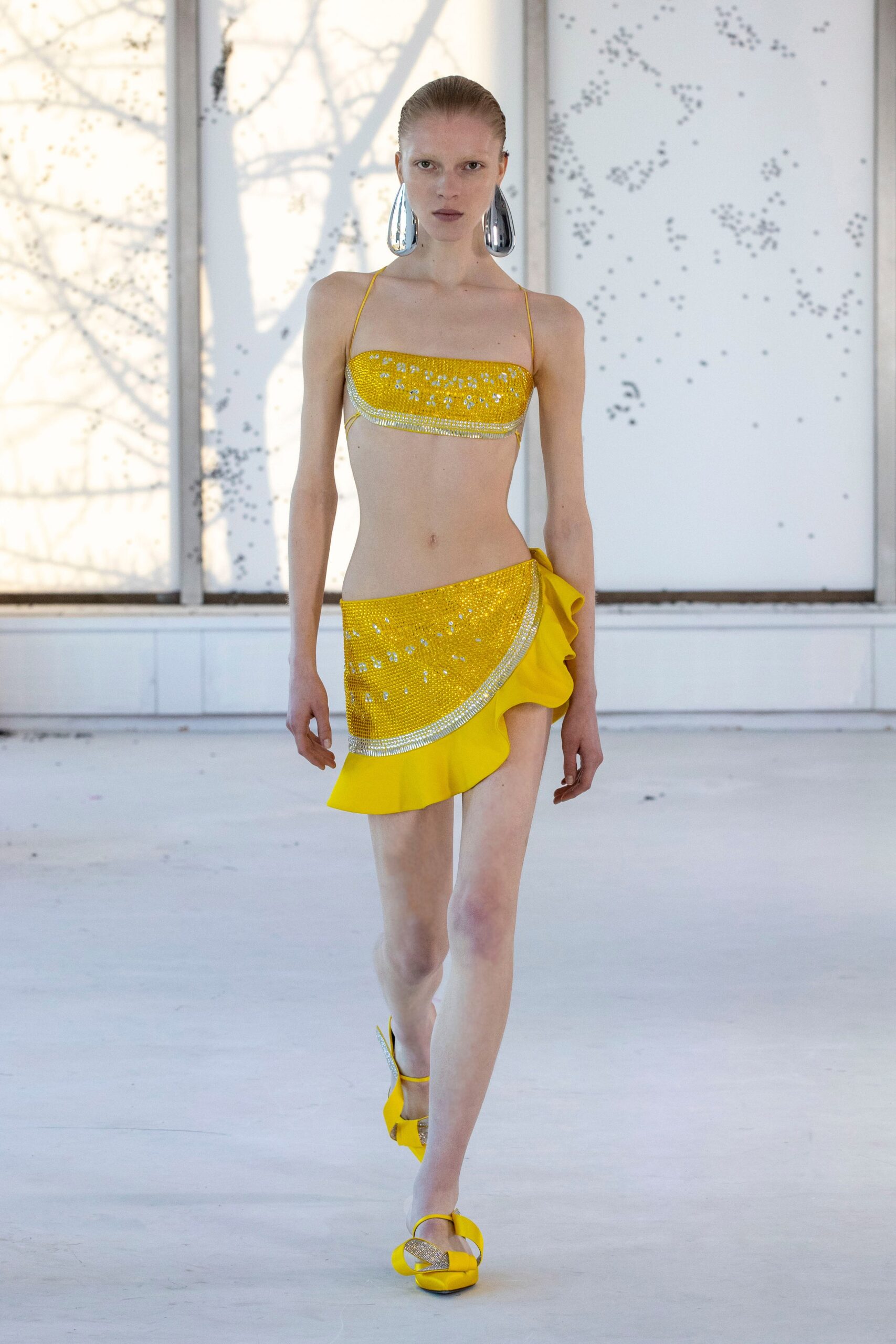 yellow sleeveless strapless fitted ruched bikini