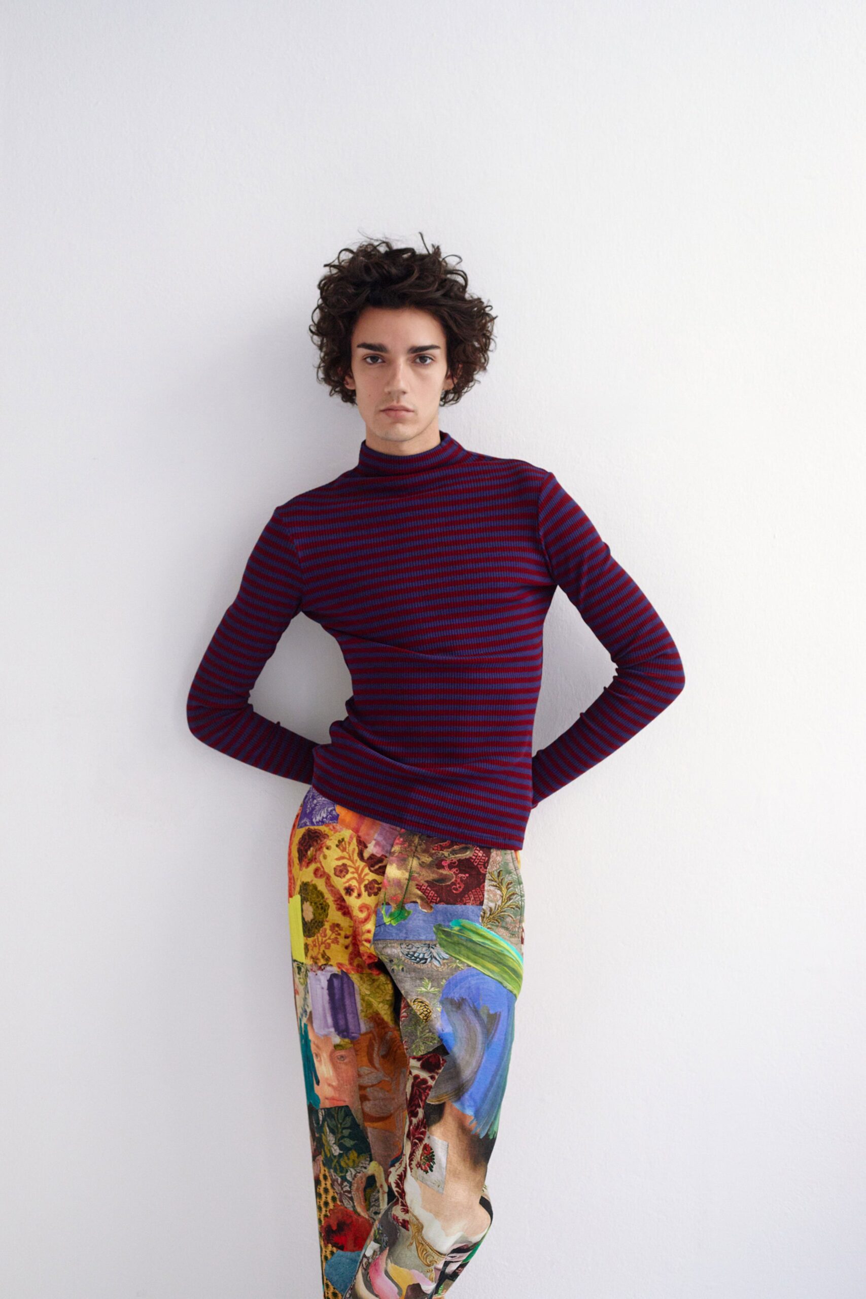 purple long-sleeve turtleneck fitted striped top