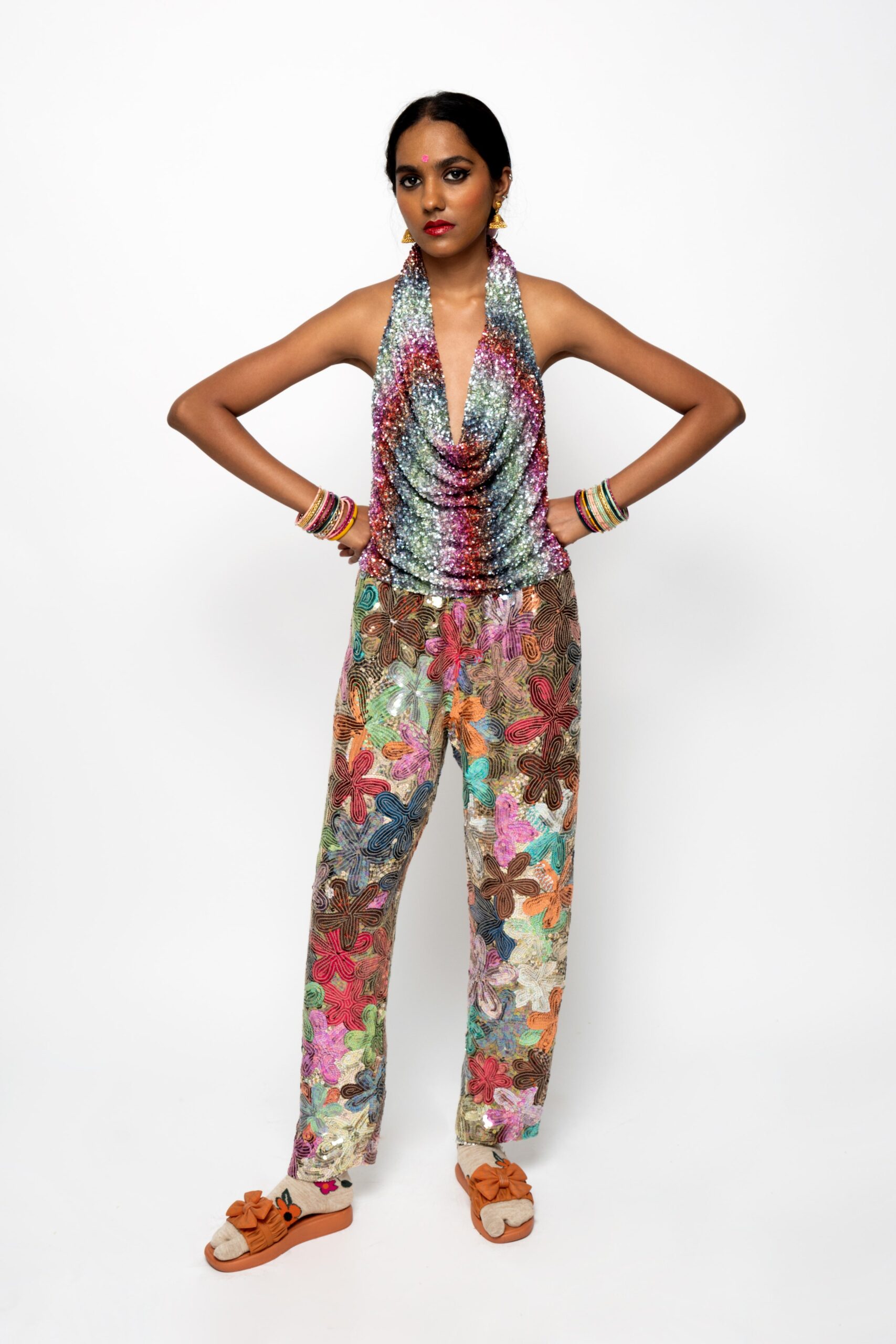 multi sequin relaxed flared shiny pants