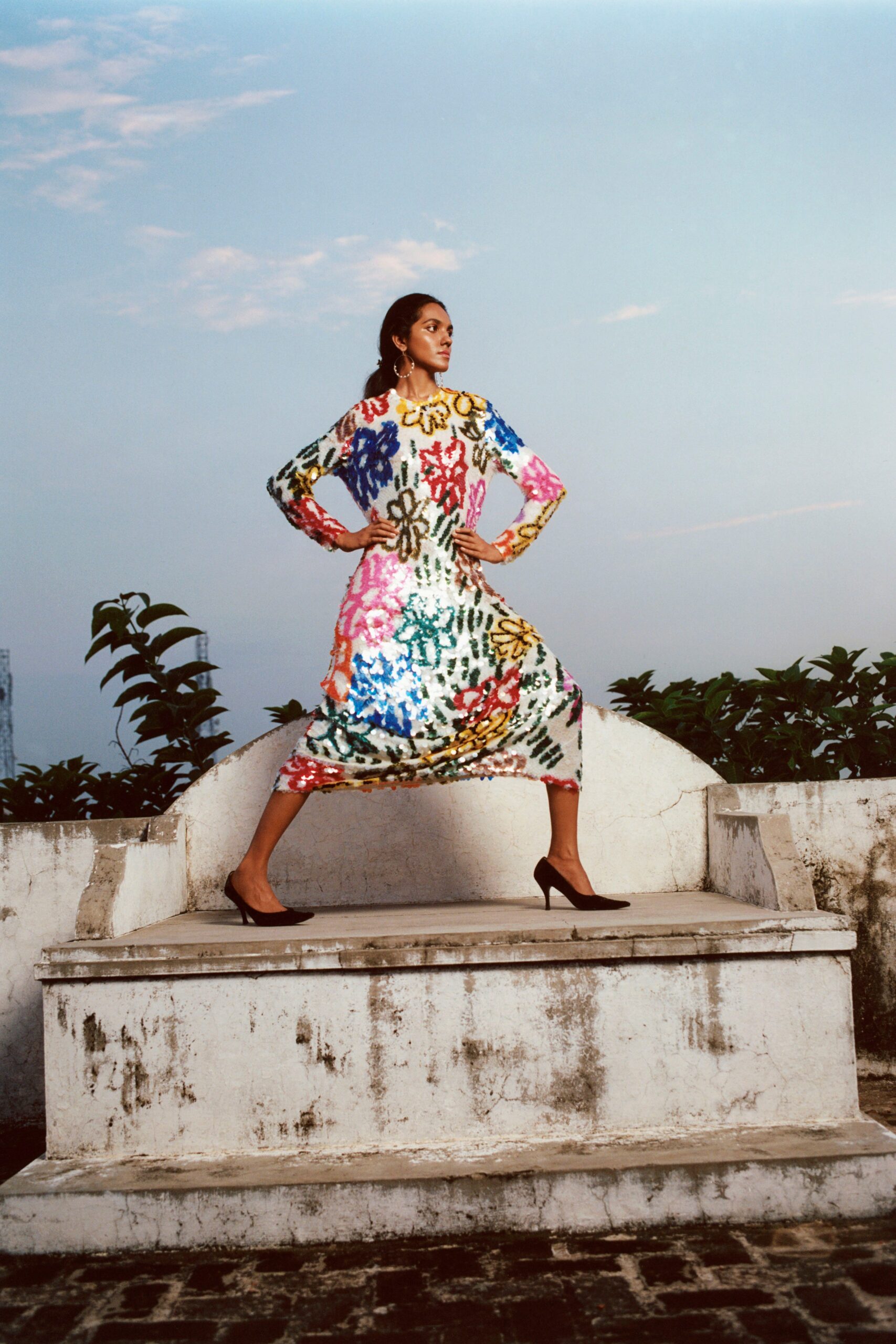 multi sequin long-sleeve collared relaxed layered shiny dress