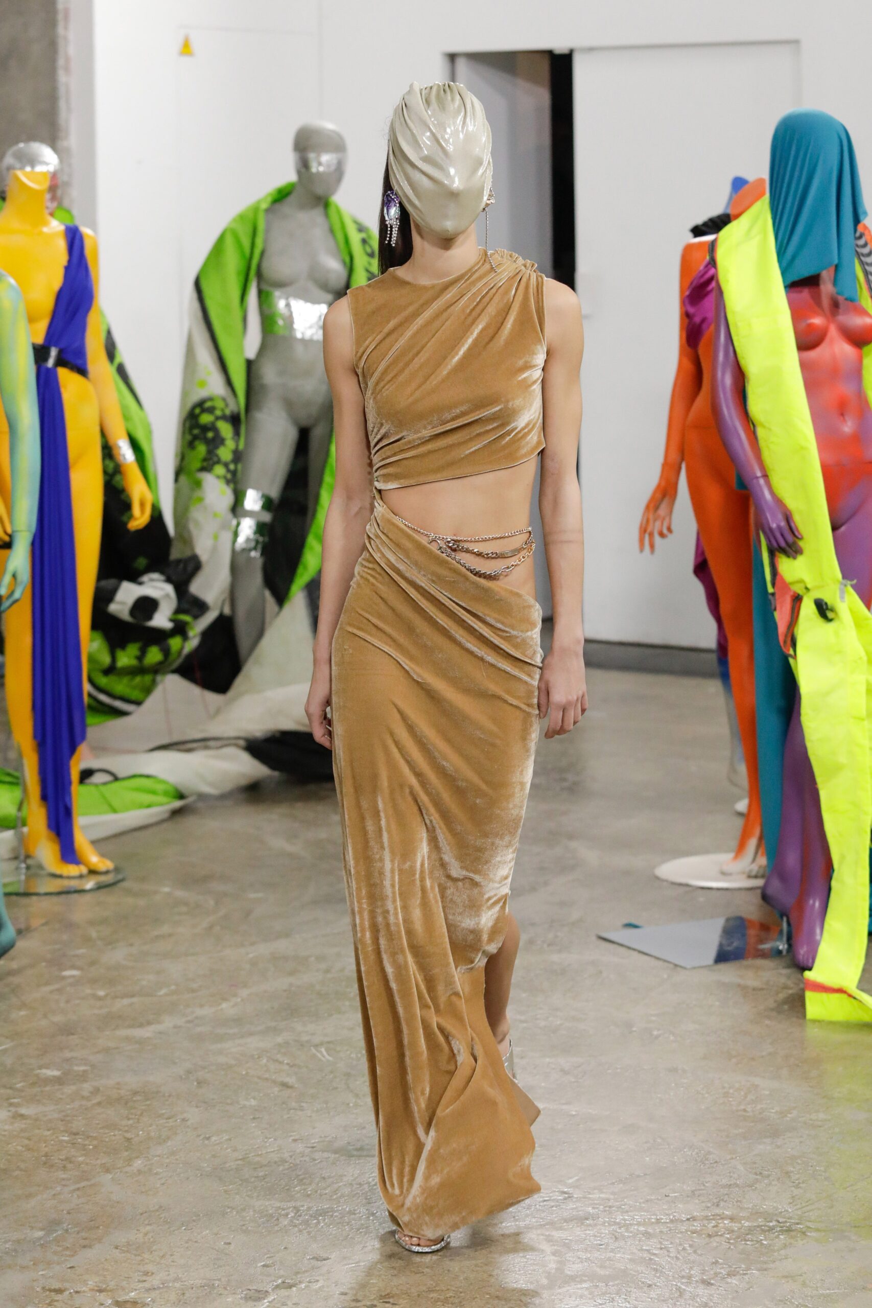 fitted gold velvet gown