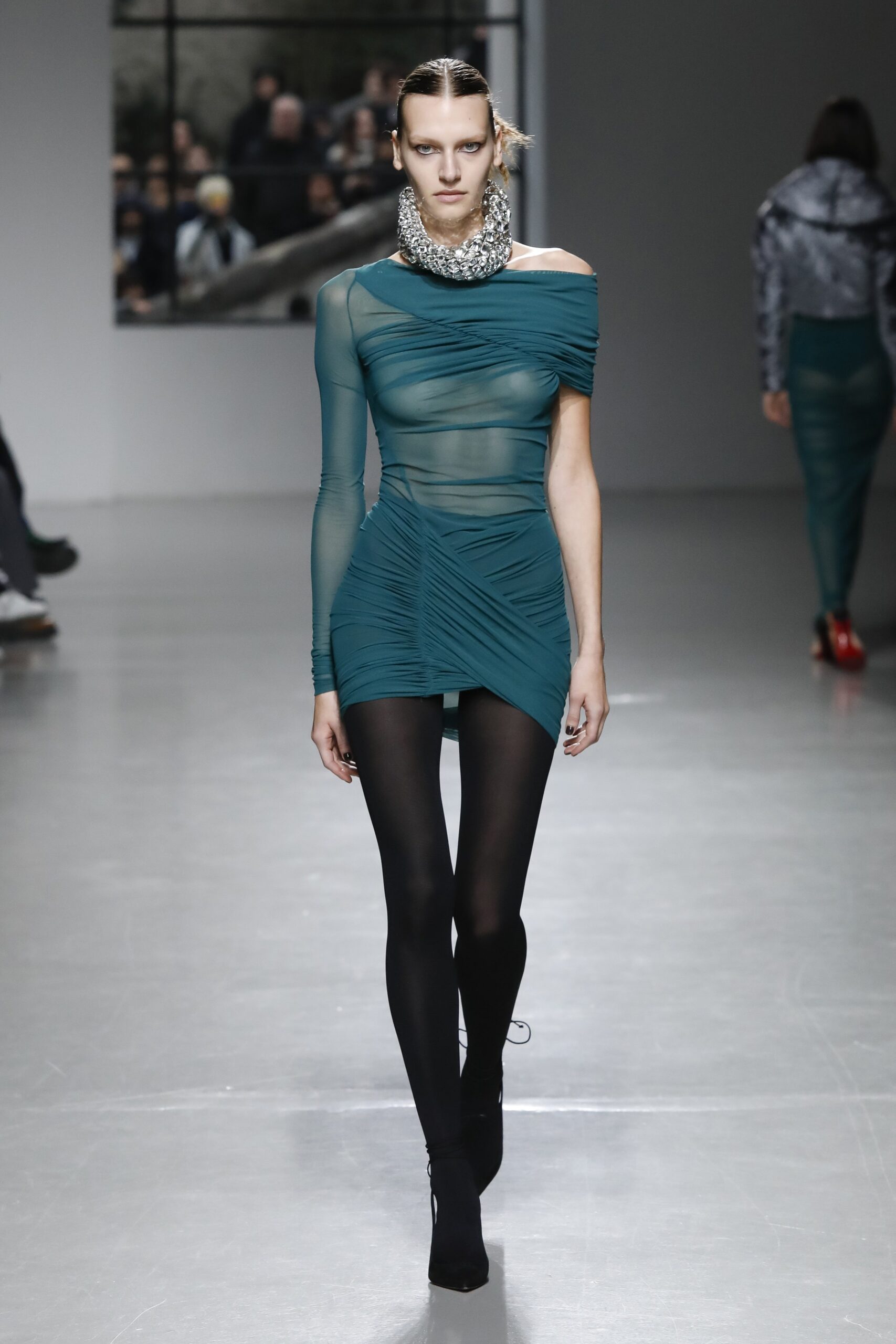 fitted teal mesh off-shoulder dress