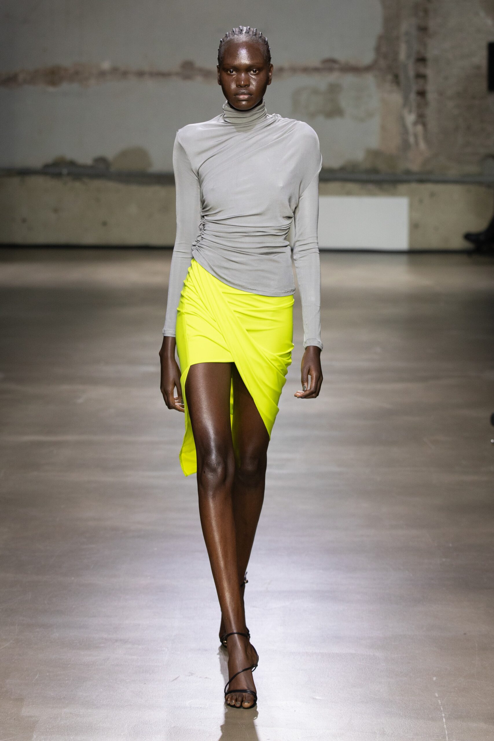 gray fitted top with yellow skirt