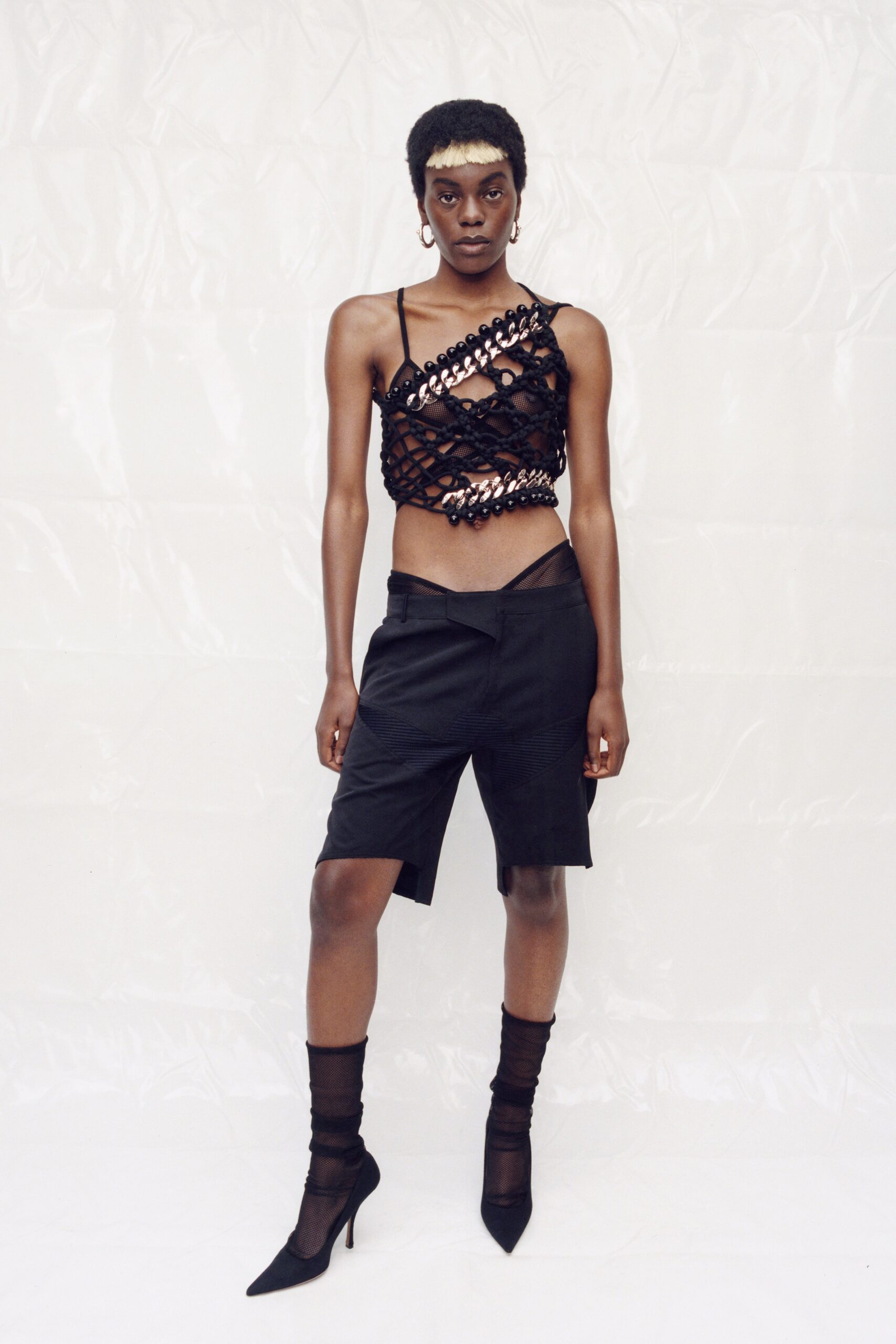 black mesh halter top with shorts