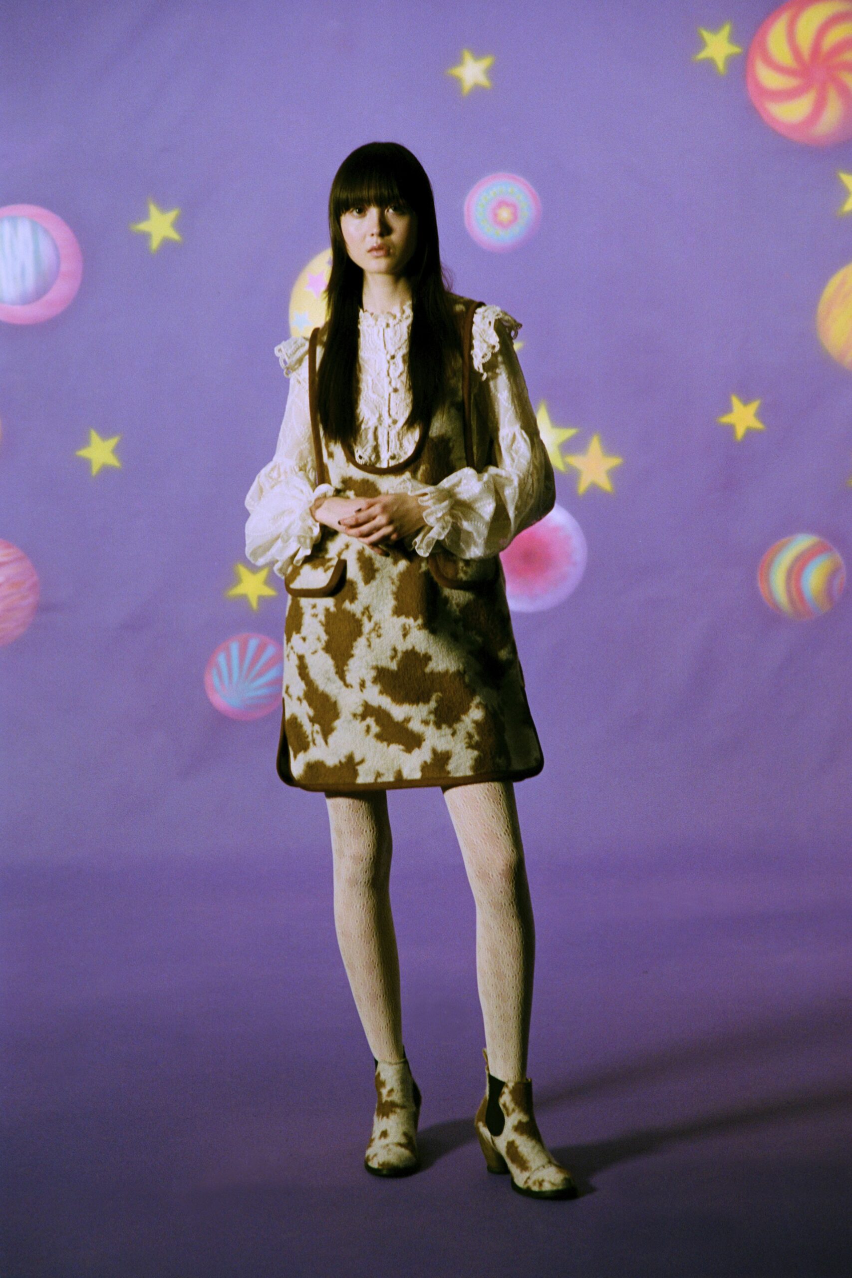 brown and white mini dress with ruffled blouse