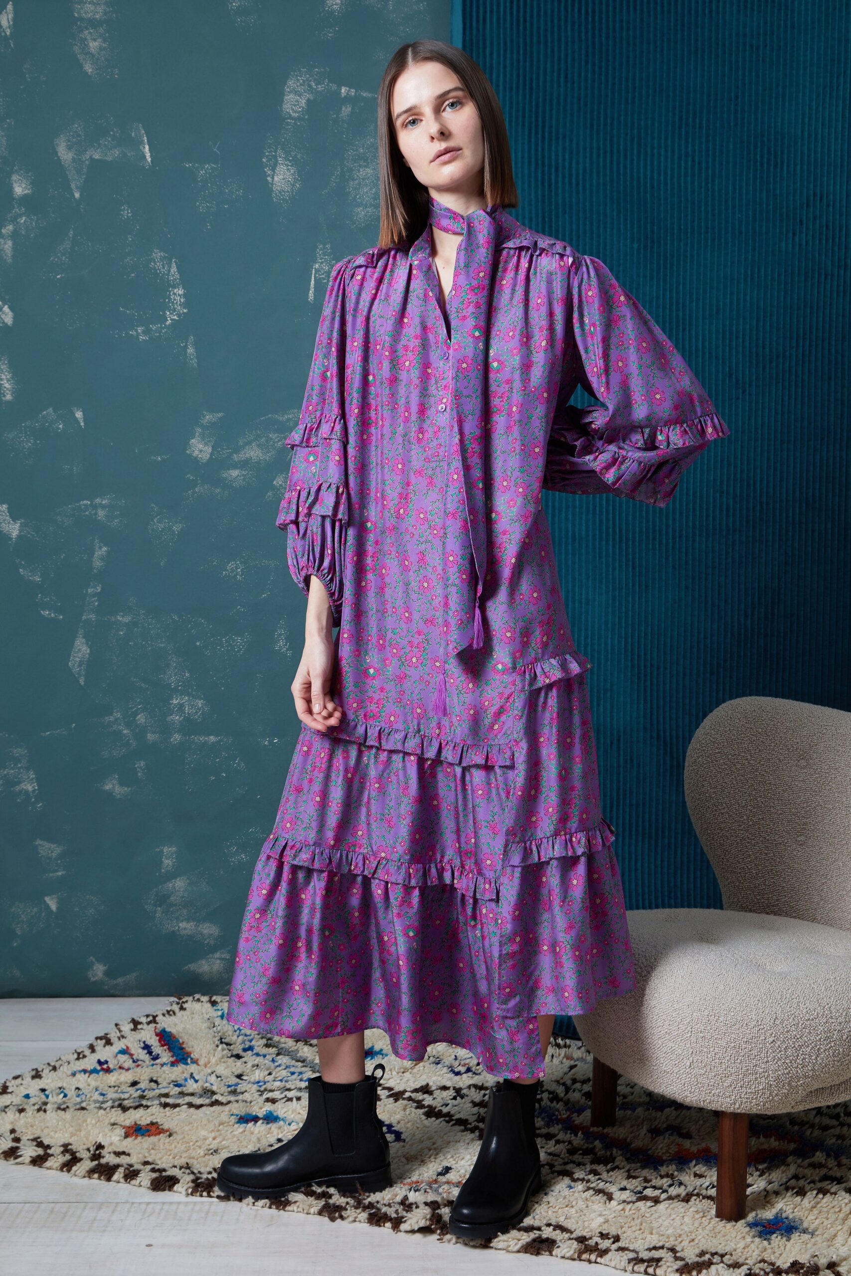 purple pink tiered midi dress with boots