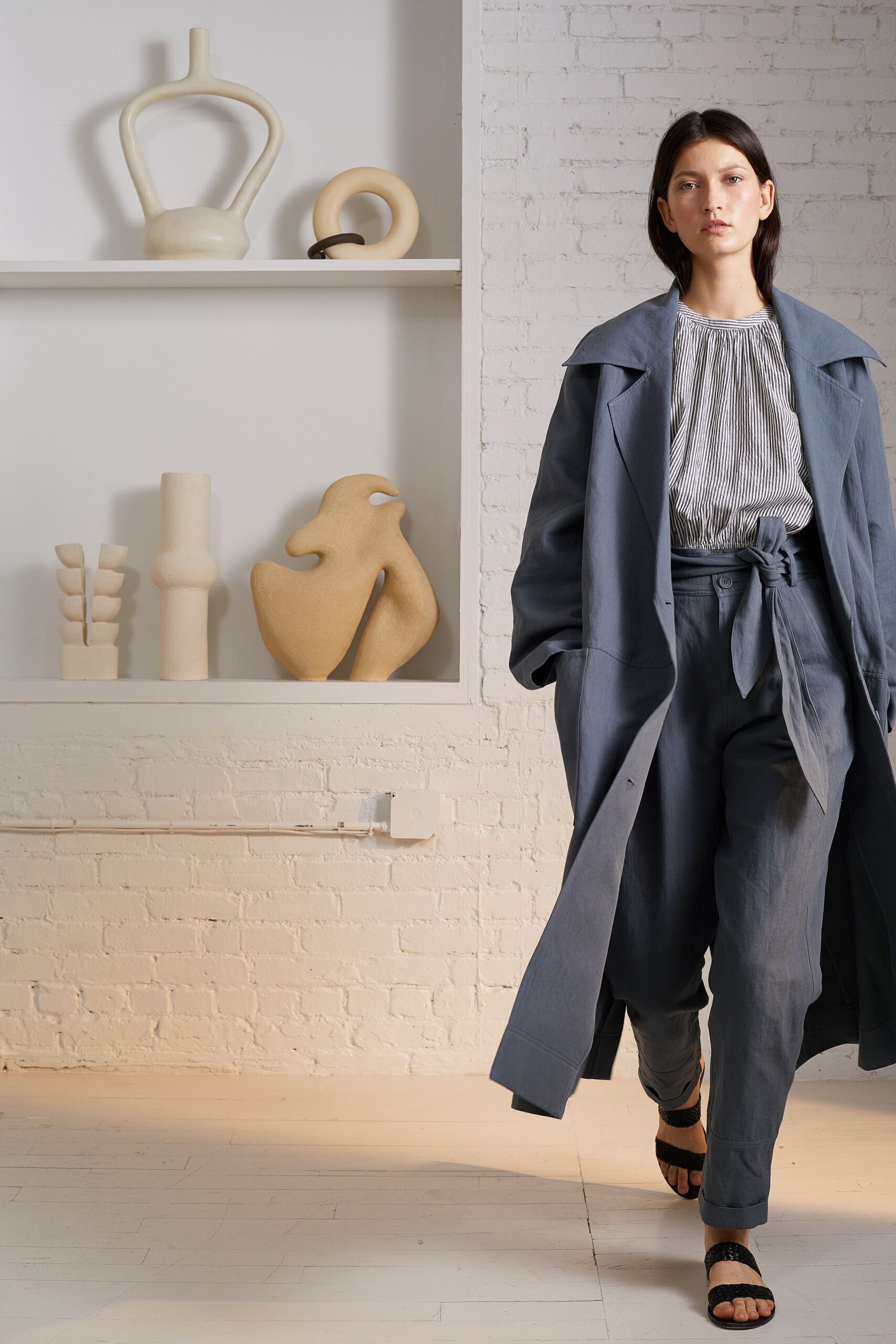 blue cotton relaxed coat with striped blouse