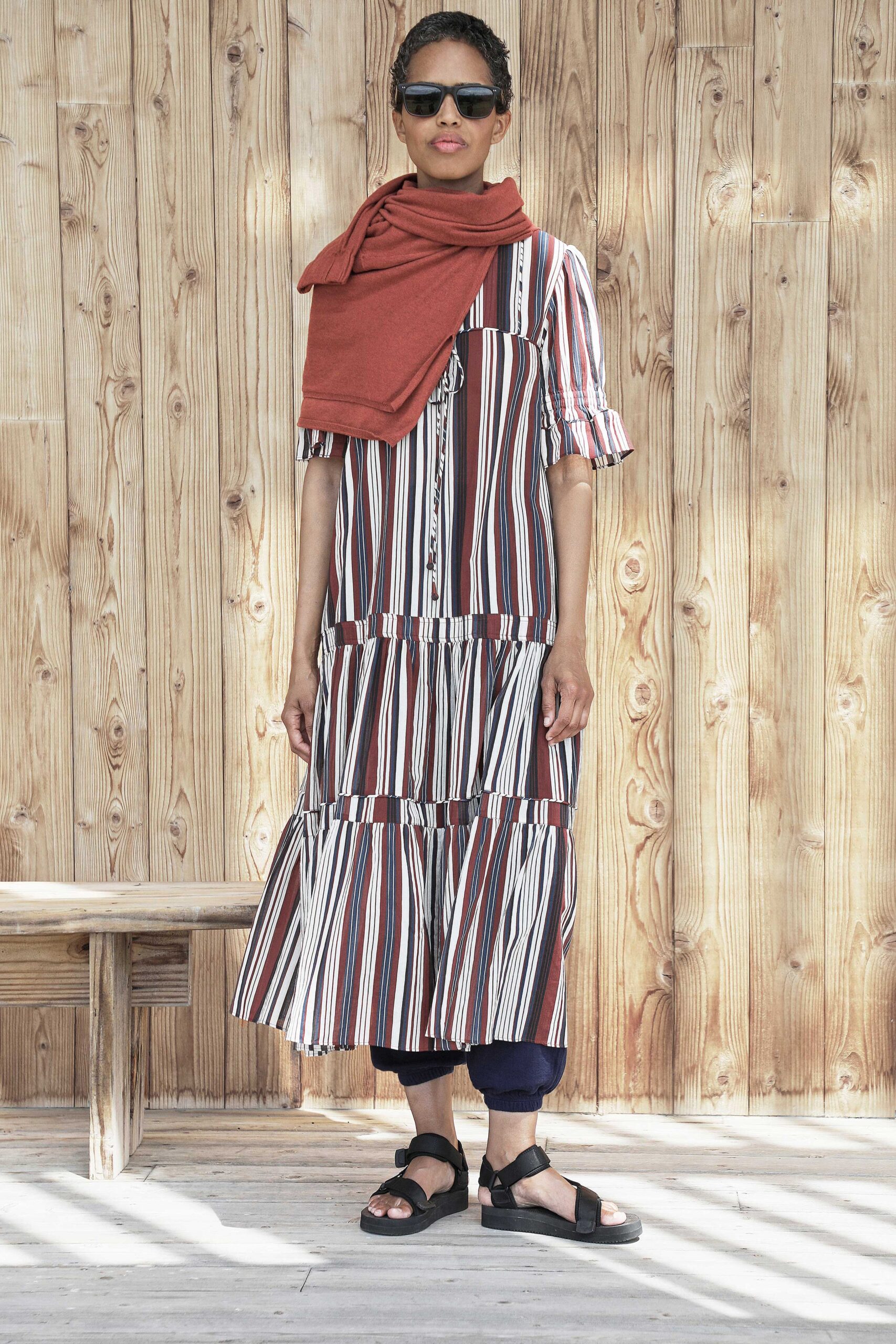 striped midi dress with scarf