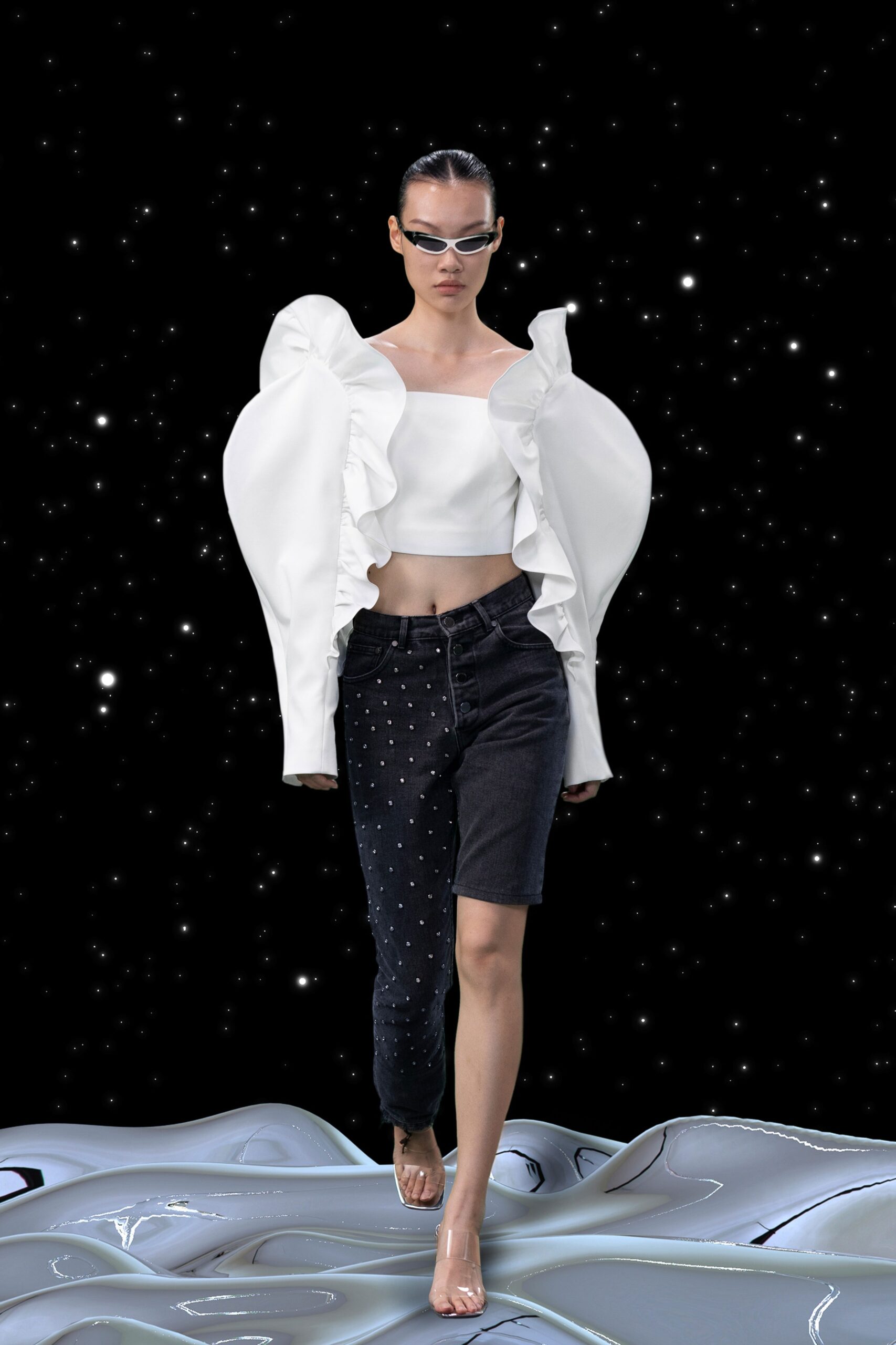 white ruffled top and black denim pants