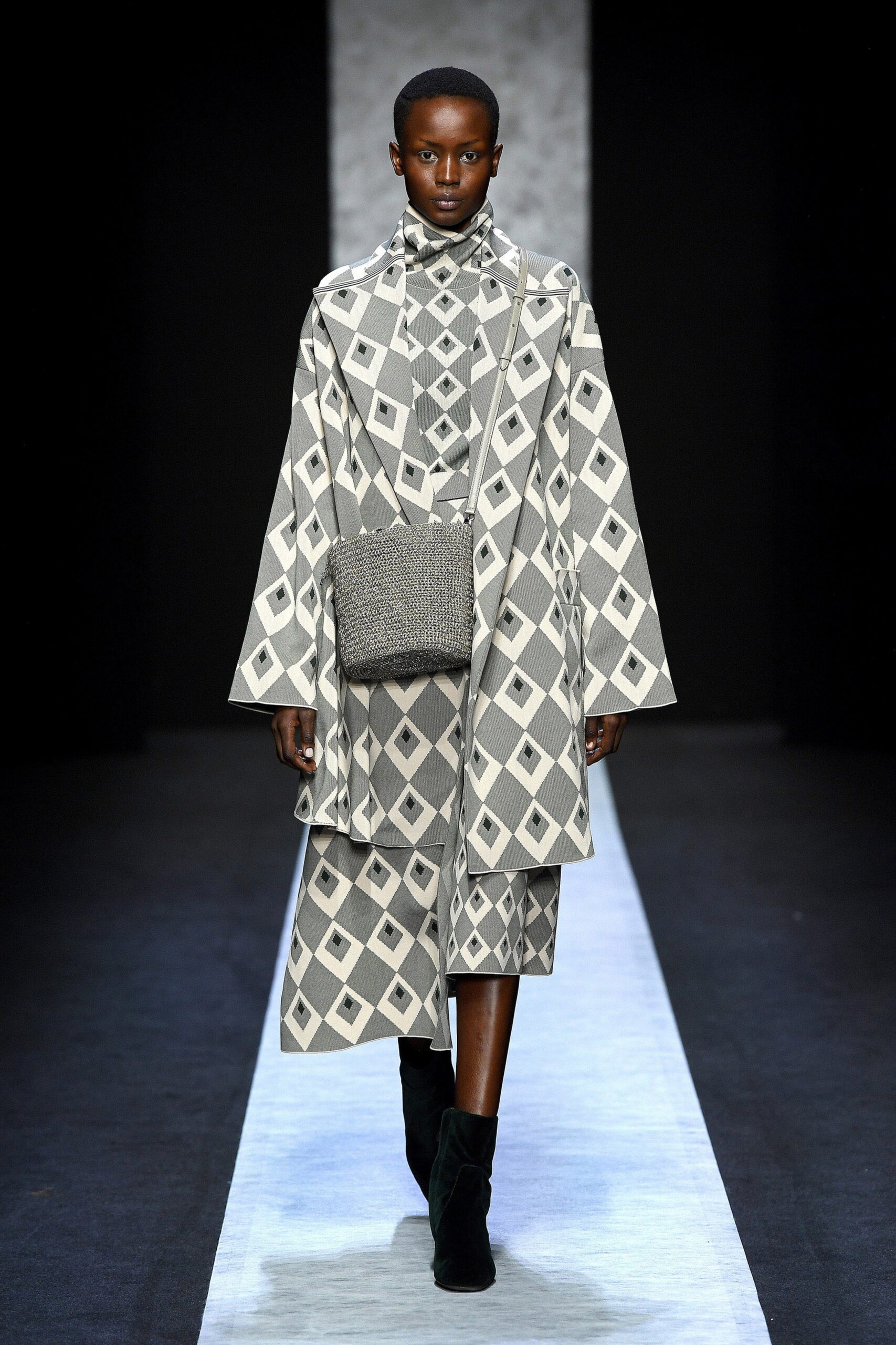 gray cotton long-sleeve high-neck relaxed printed midi coat