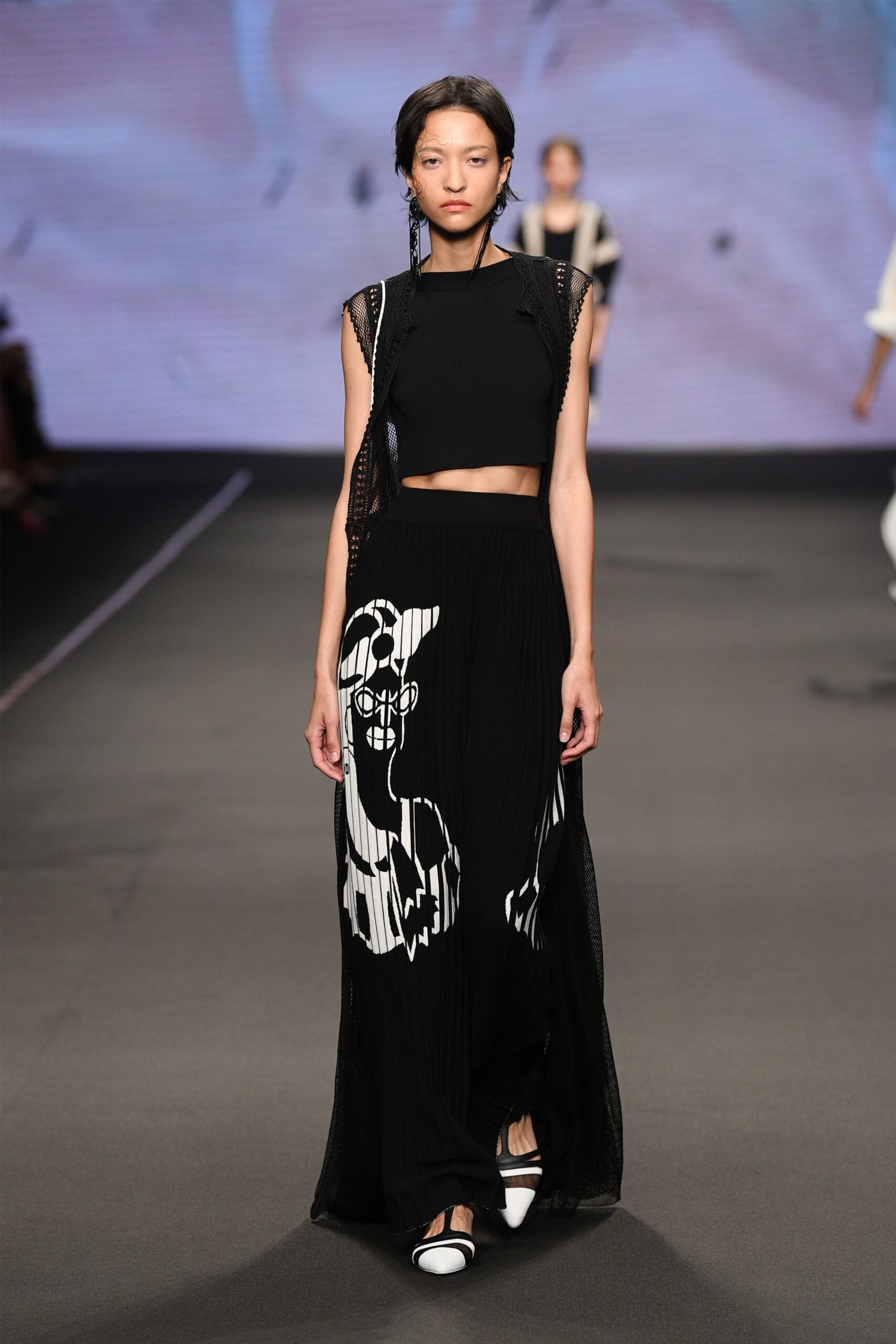 black long-sleeve relaxed layered sheer flowing coat