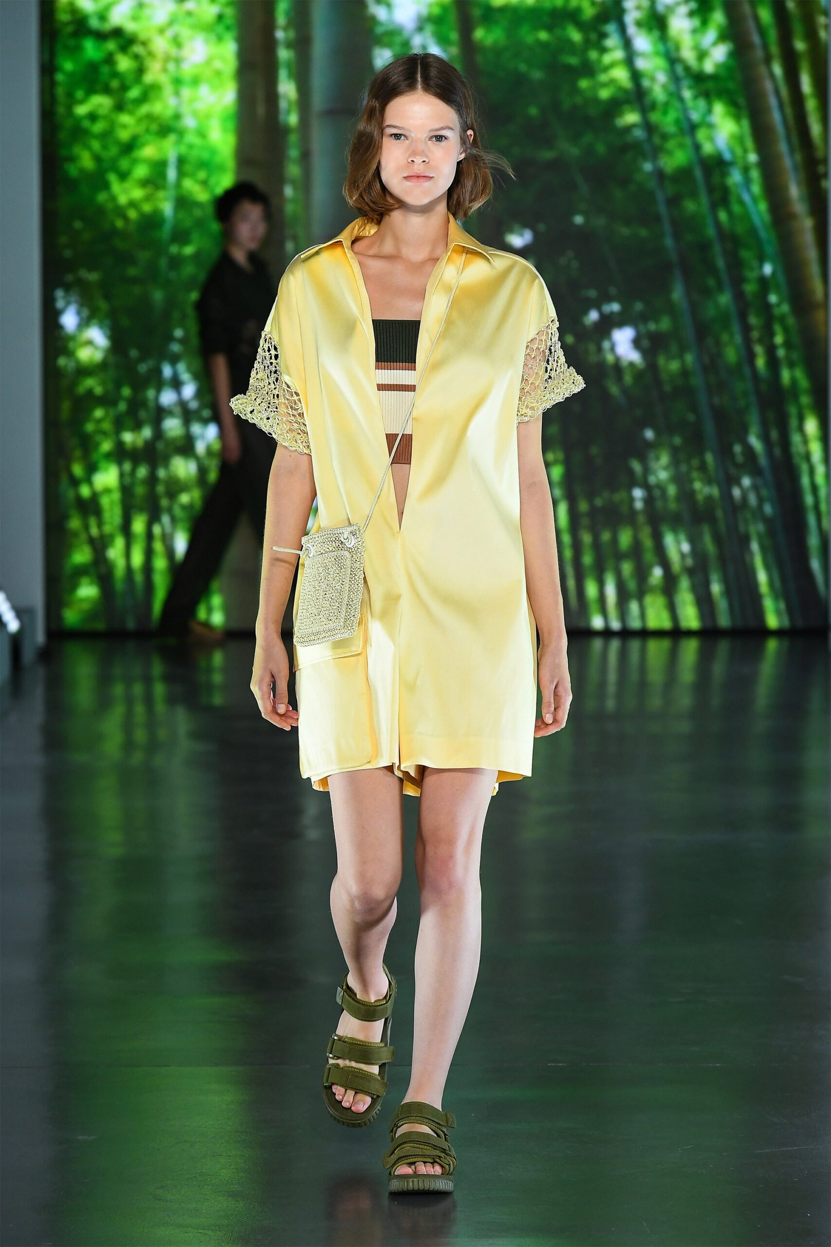 yellow silk short-sleeve v-neck relaxed draped short dress