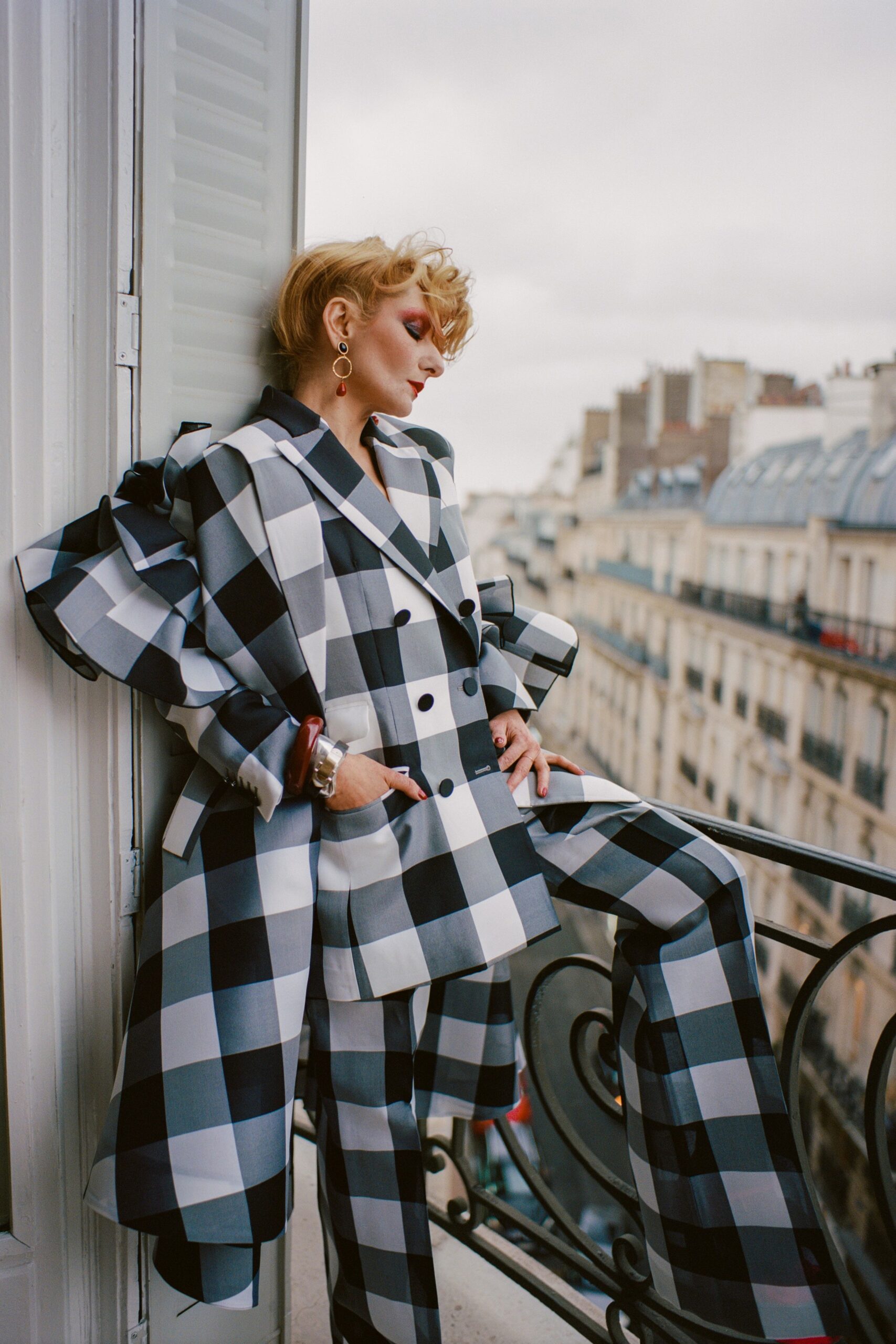 black and white checked blazer and pants