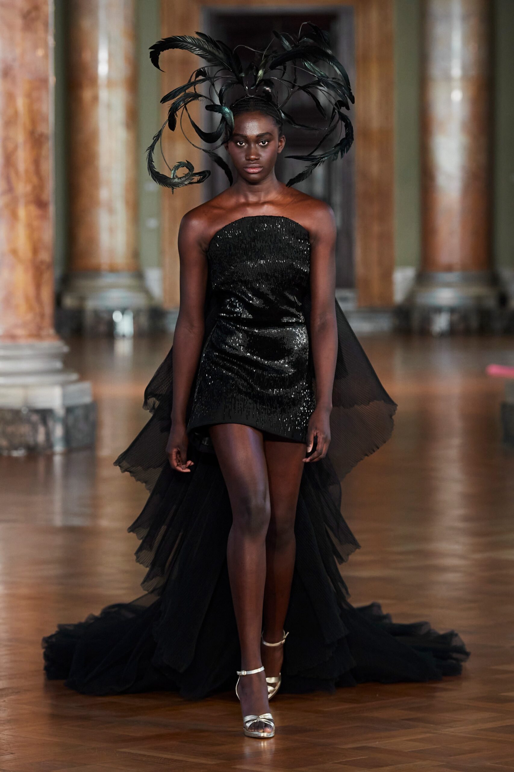 black silk strapless fitted sequined draped shiny dress