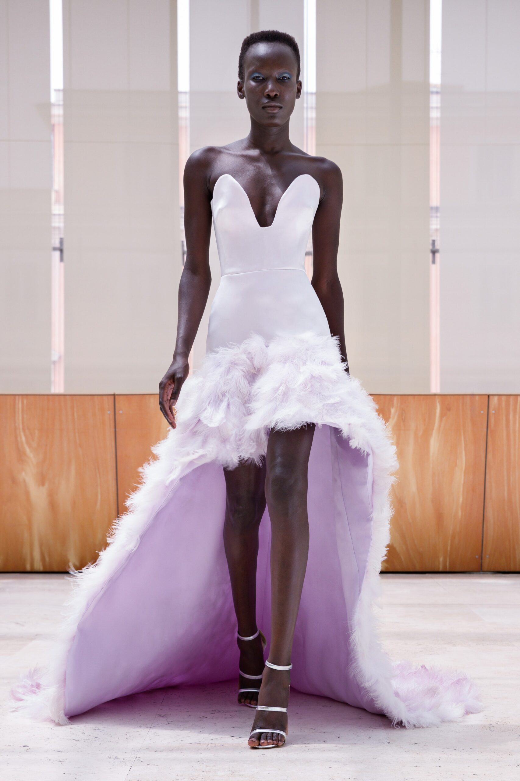 white and lavender feather gown