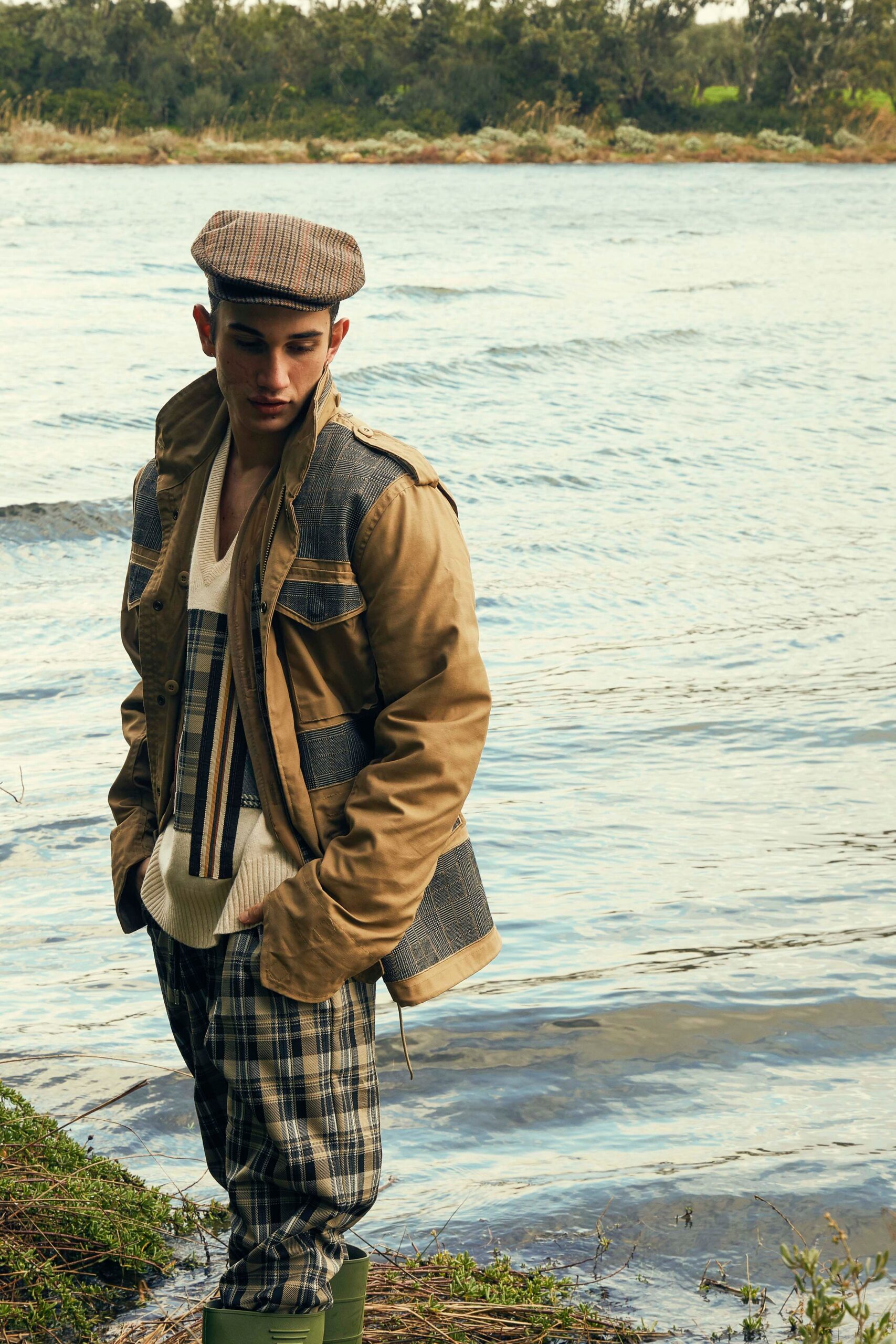brown jacket with checked pants